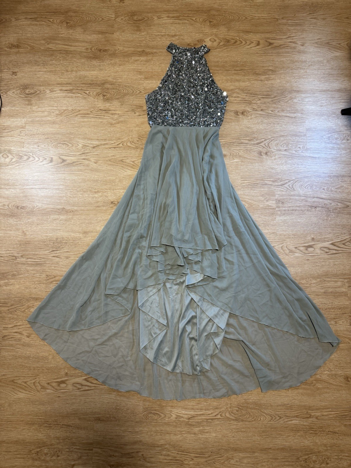 Sequin Bodice Halter Dress with Layered Chiffon Skirt in Gray Prom Evening