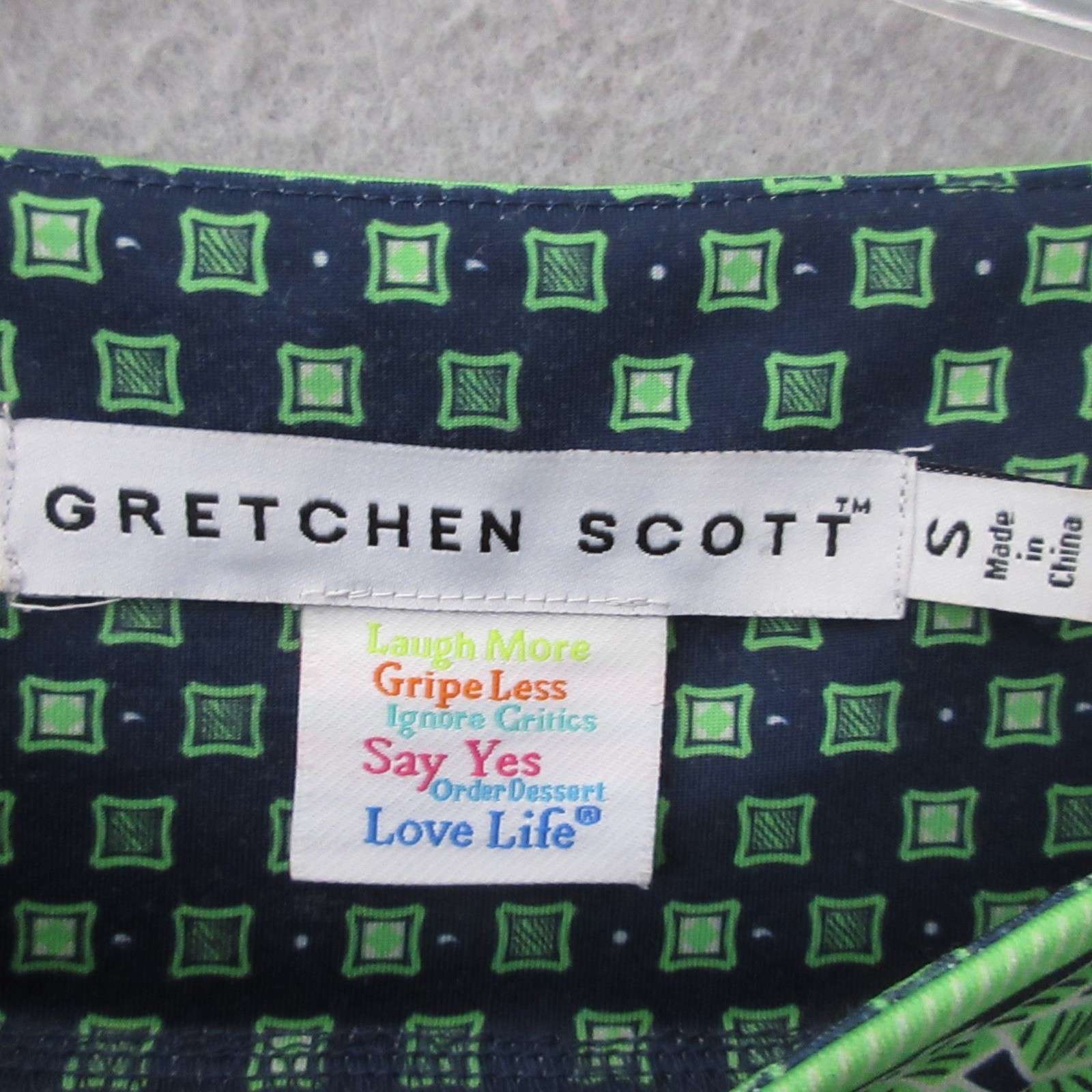 Gretchen Scott Dress Small Green Navy Medallion Tunic Shift Geometric Flip Cuff