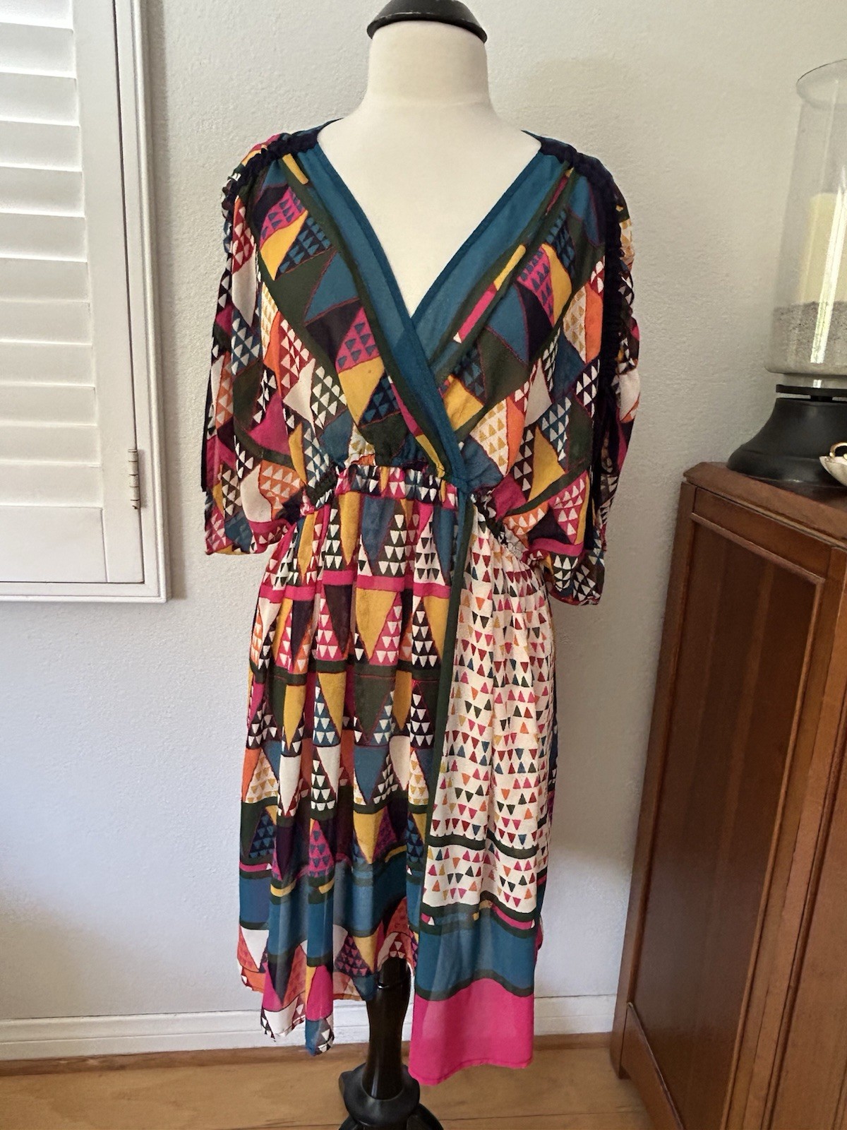 ANTHROPOLOGIE MAEVE SHEER KIMONO STYLE GEOMETRIC PATTER DRESS COVER UP SIZE 14