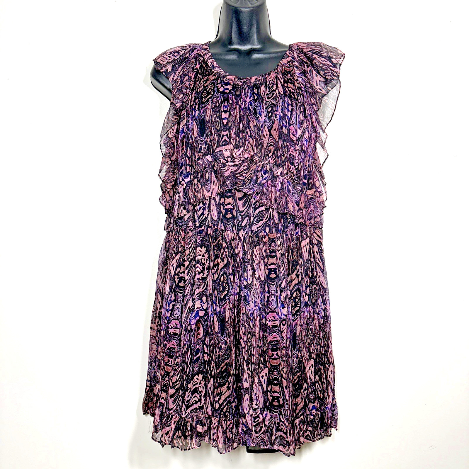 IRO Glorie Mini Dress 36 Small Pink black crinkle Ruffle Short Keyhole Viscose