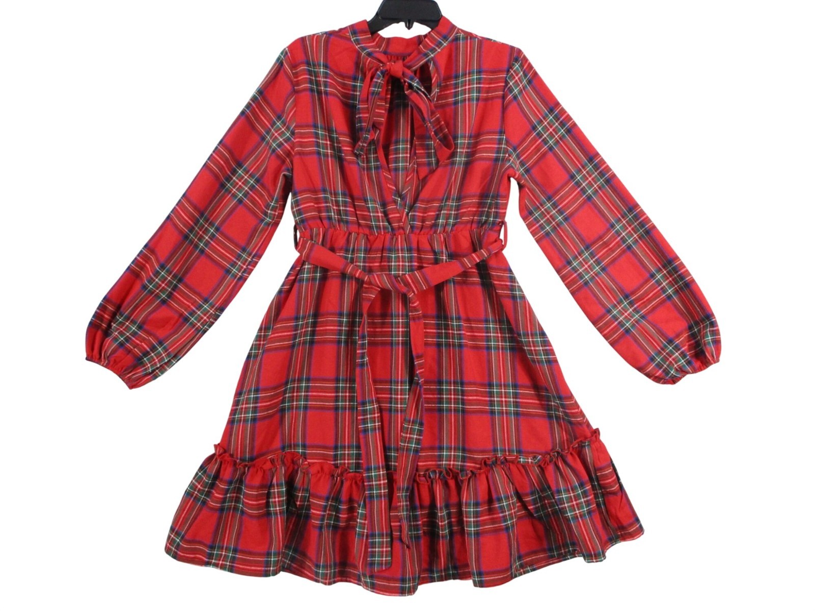 Red Plaid Long-Sleeve Ruffle Hem PDress With Tie Neck & Waist Belt Size M