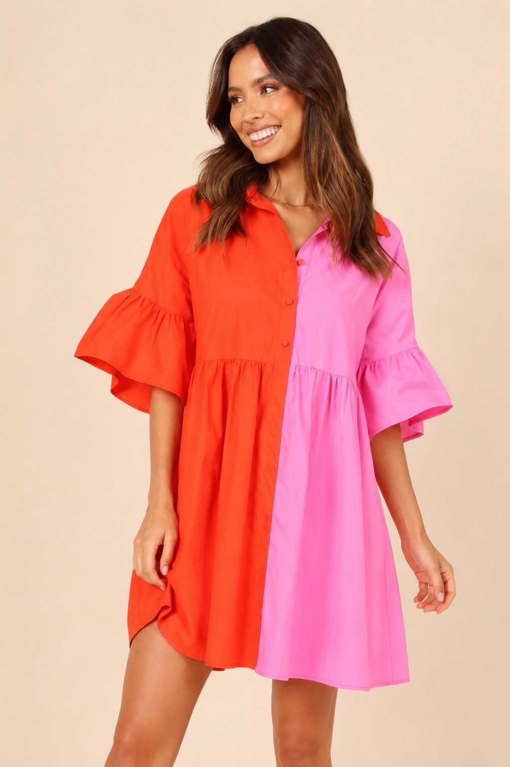 BiBi Colorblock Shirt Dress Red Pink Collared Button Front Ruffle Pockets M