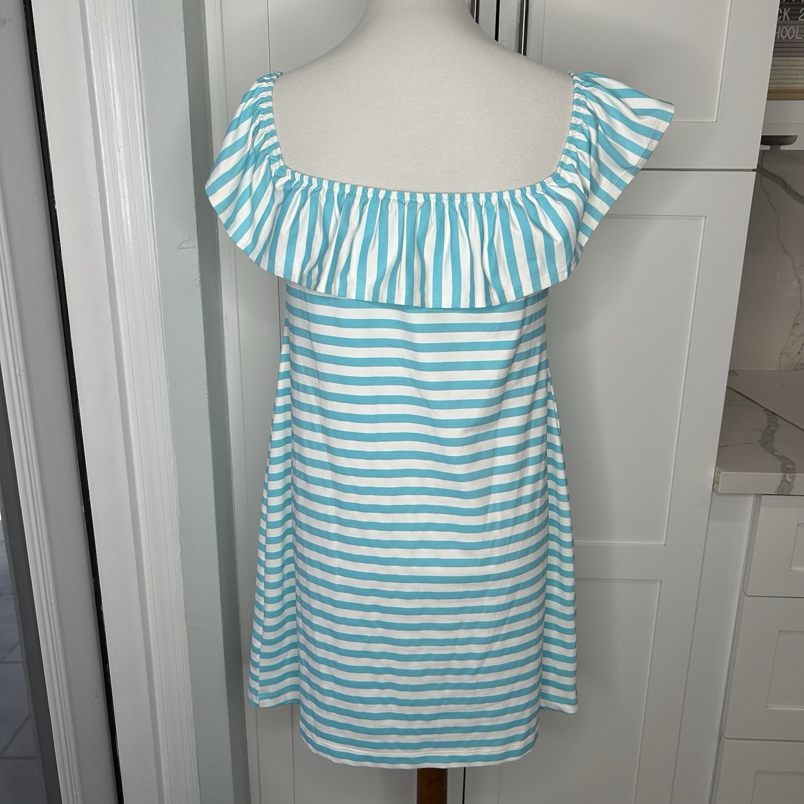 Sailor-Sailor Shoreline Striped Blue Dress Size XL Off the Shoulder Stretch