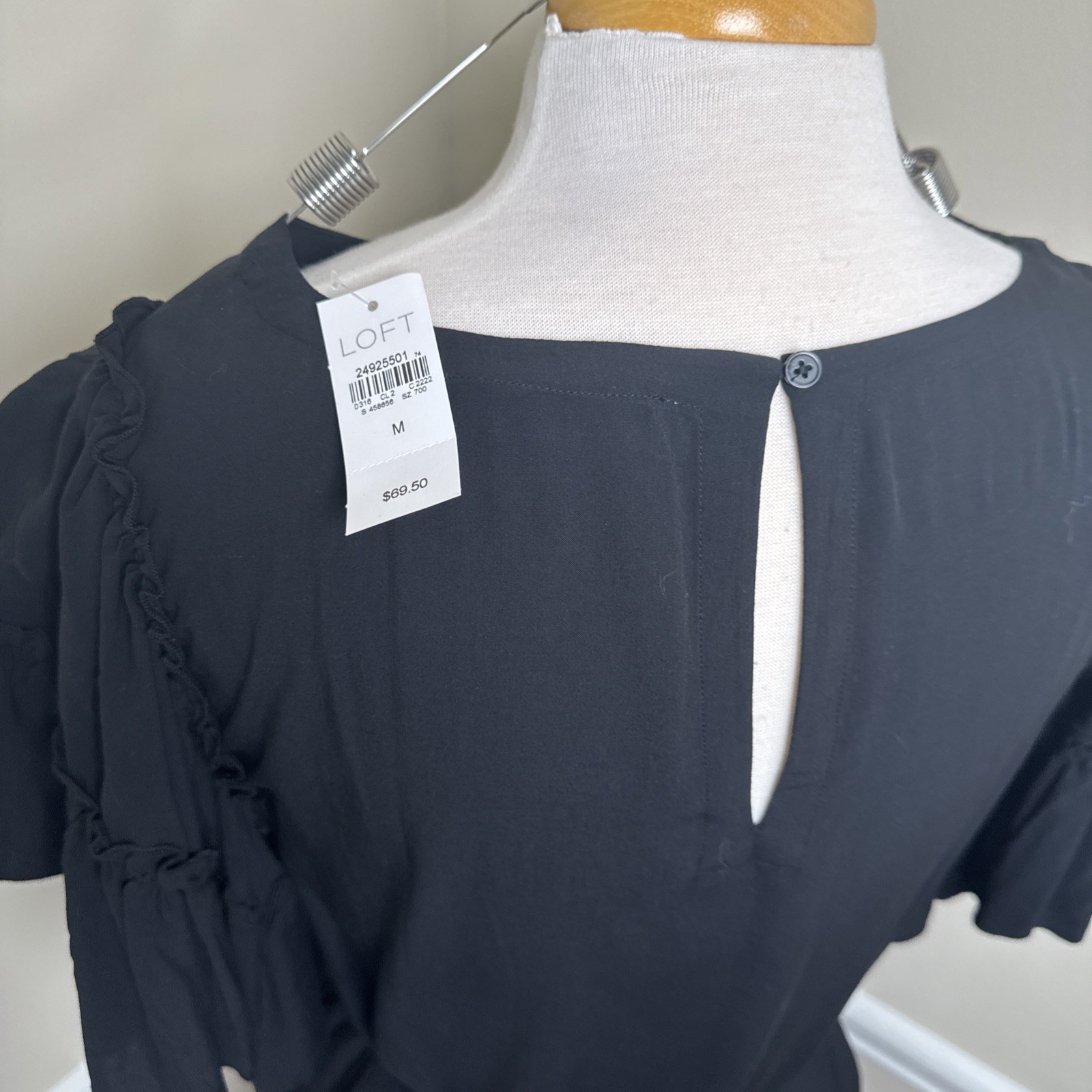NWT LOFT Solid Black Ruffle Sleeve Tie Dress Size Medium At The Knee LBD Dressy