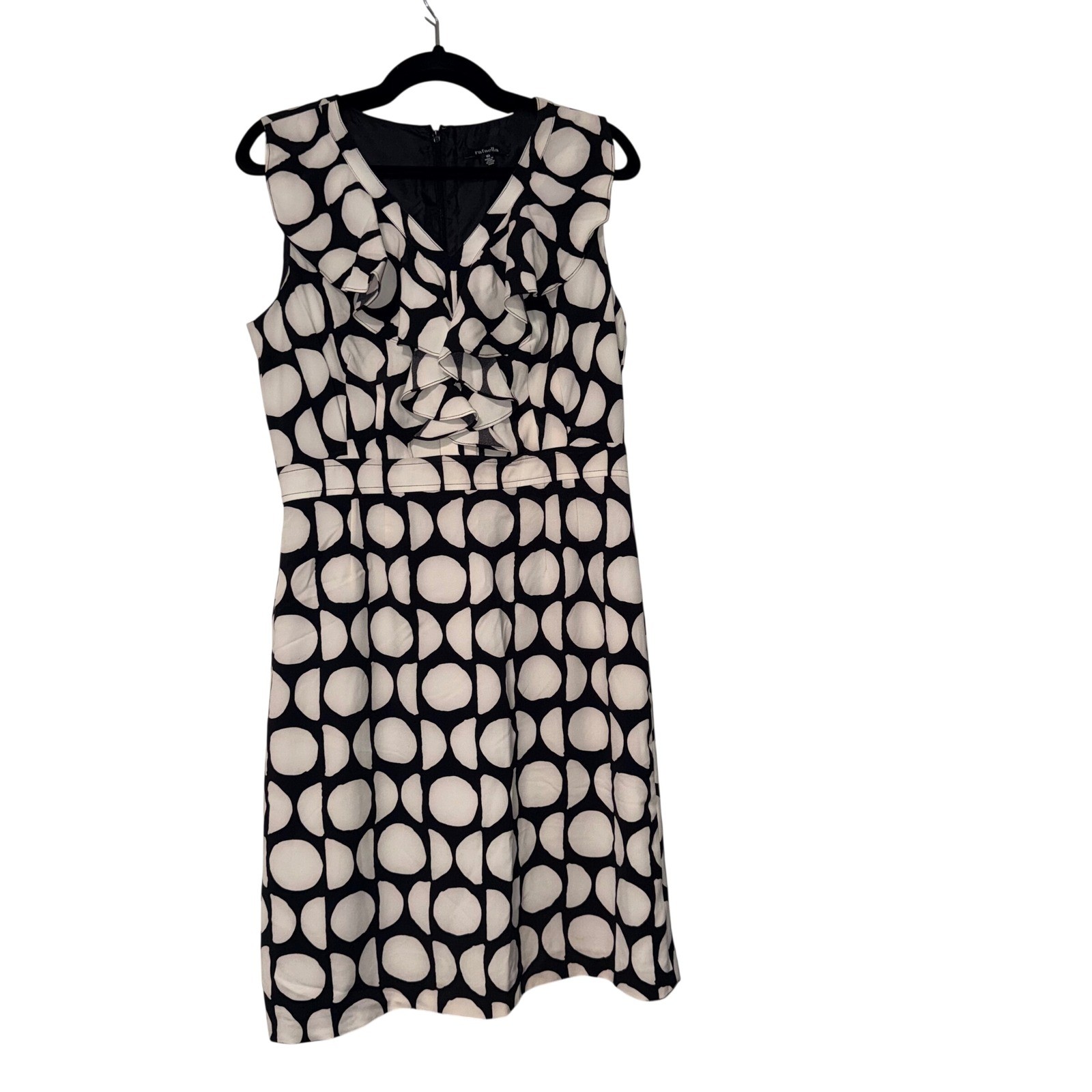 Rafaella Geometric Ruffle V-Neck Sheath Dress Womens 10 Black White Synthetic