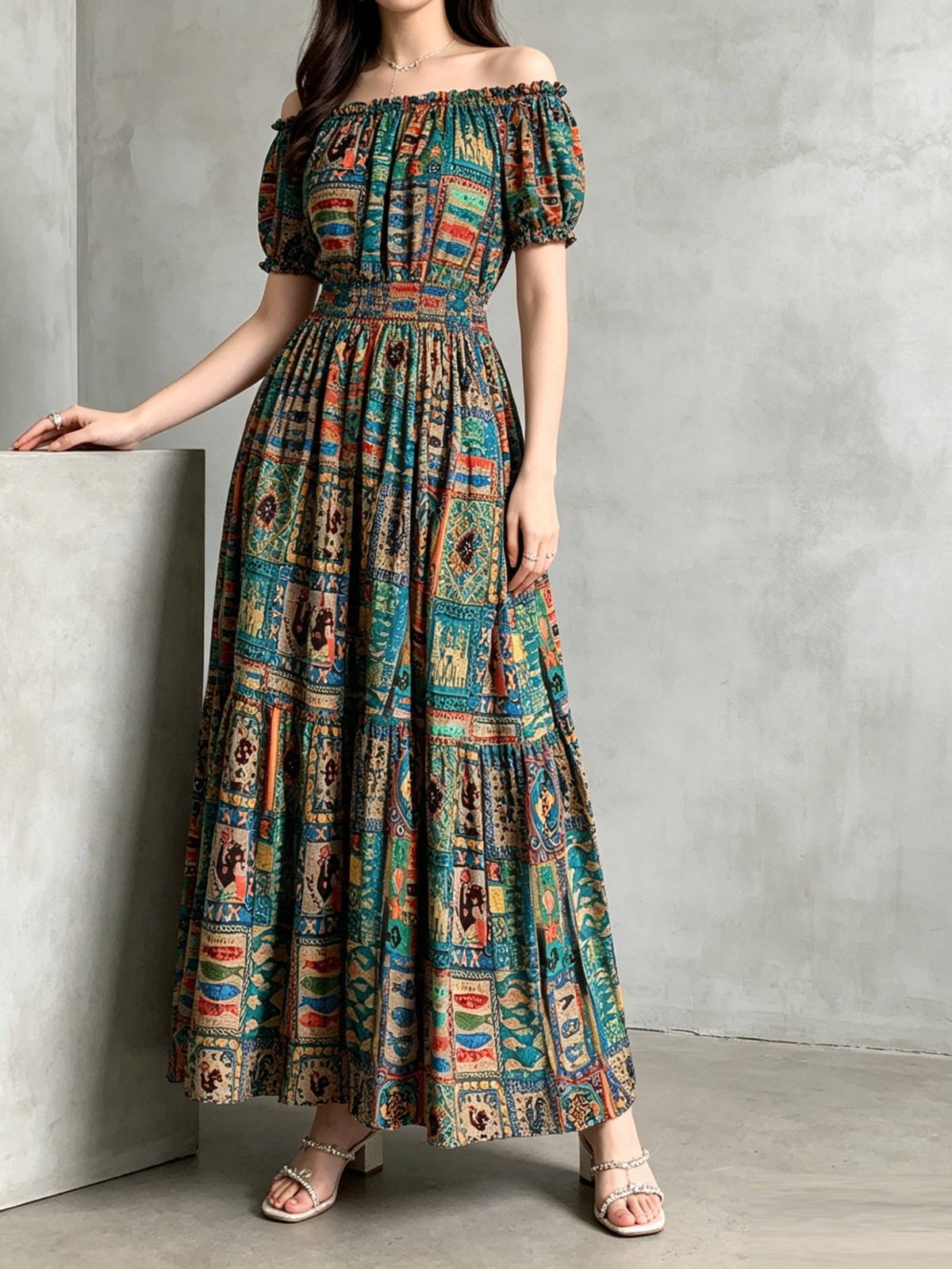 Ladies Bohemian Elegant Swing Maxi Dress Elastic Waist Comfort All Figures
