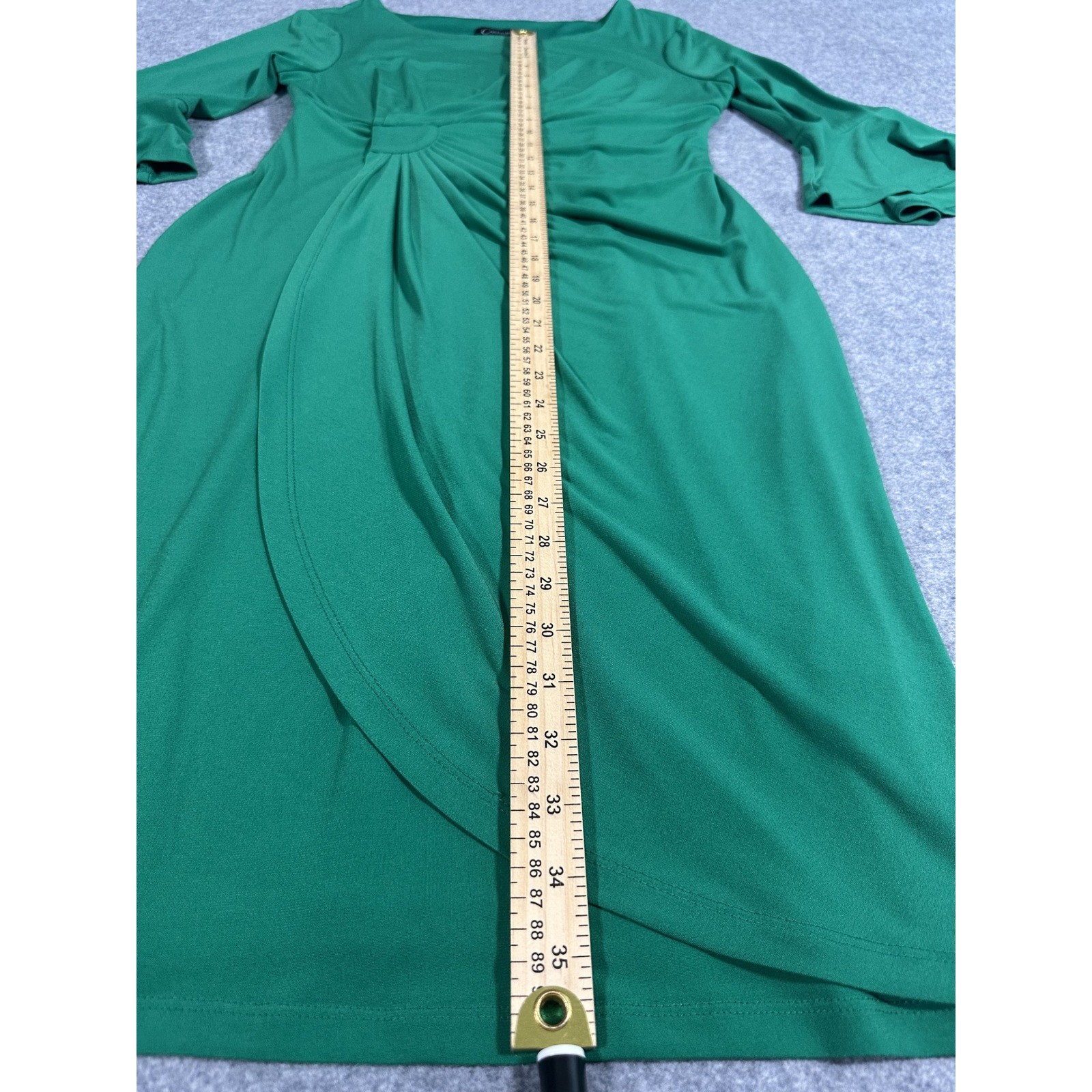 Connected Apparel Faux Wrap Sheath Dress 8 Green Bell Sleeve Gathered Sunburst