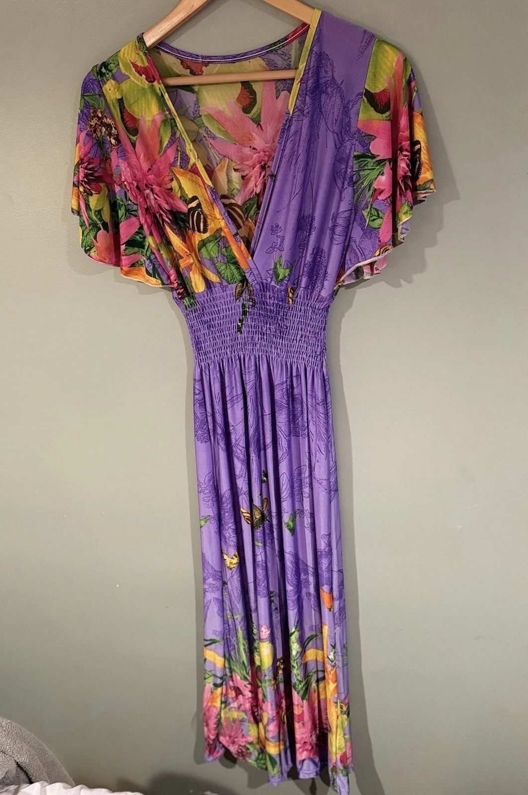 NEW Purple Tropical Floral Kimono Style Ruched Waist Maxi Dress M / L Hawaiian