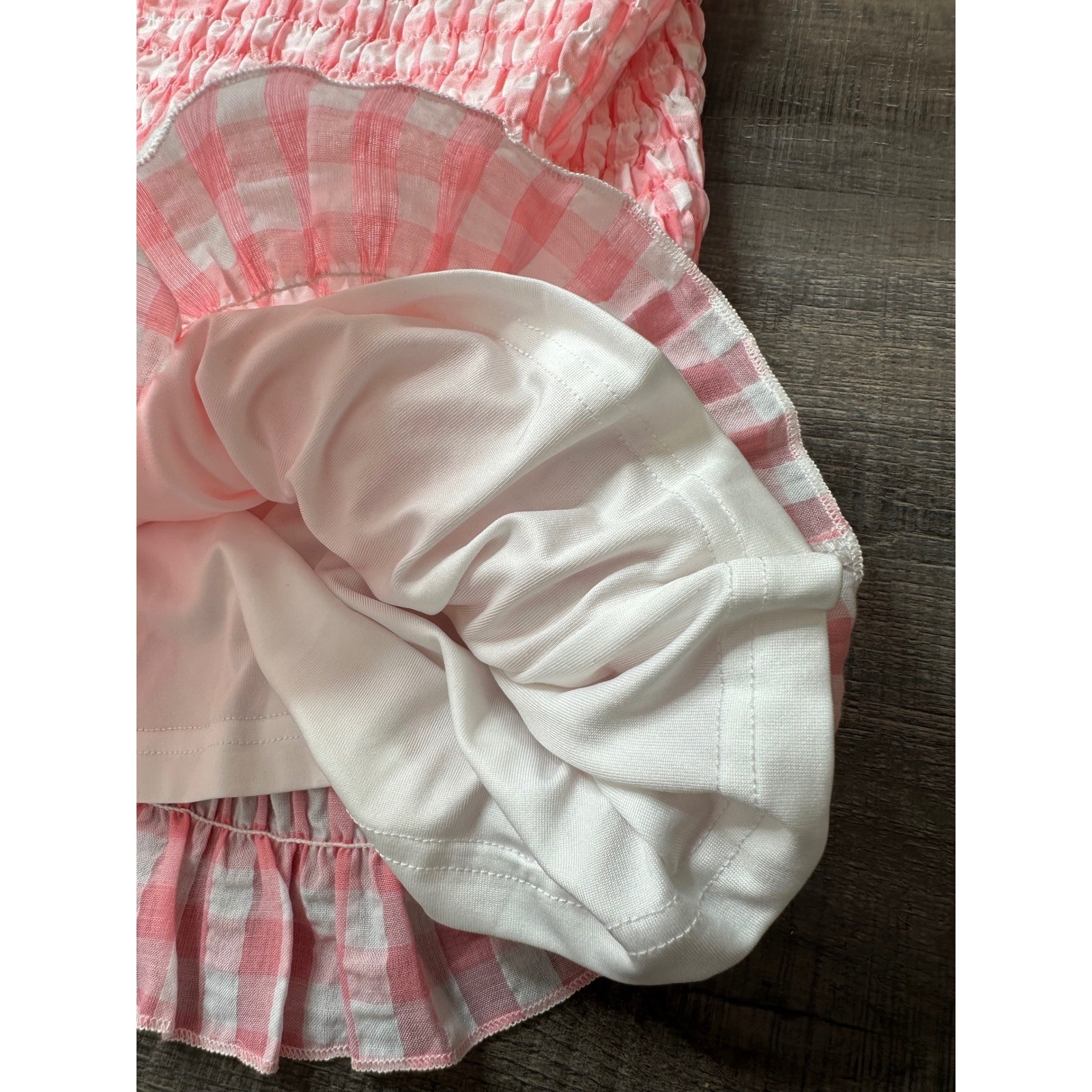 Pink Lily Gingham Smocked Pink Mini Dress Short Puff Sleeve Ruffle Hem Womens L