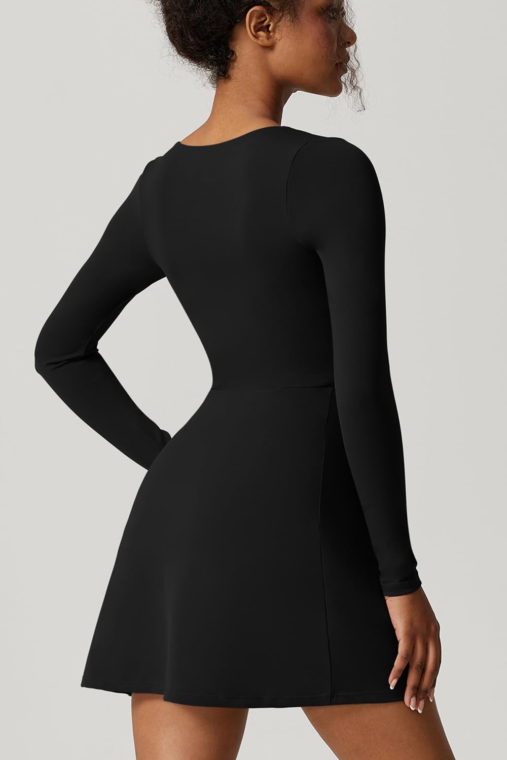 QINSEN Woman’s Solid Black Mini Dress Long Sleeve Square Neck Stretch Flare