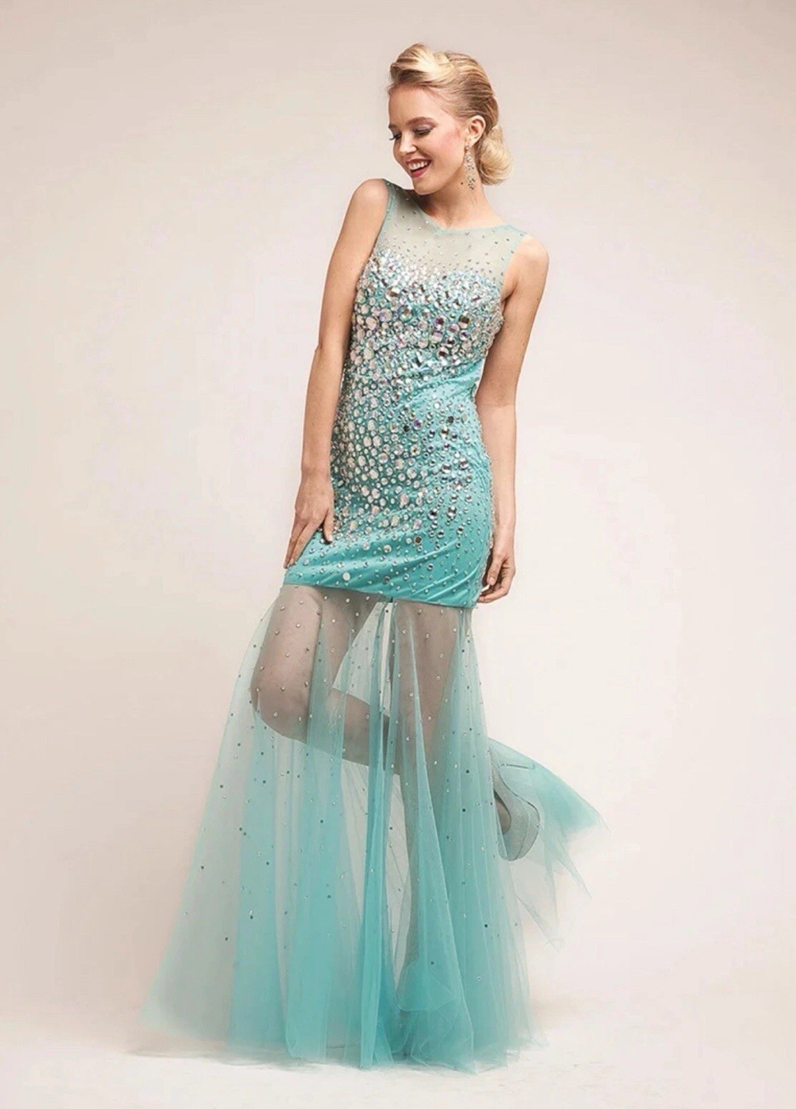 Jovani Mermaid Gown Women’s Size 6 Aqua Prom Pageant Dress Beaded Sheer Tulle