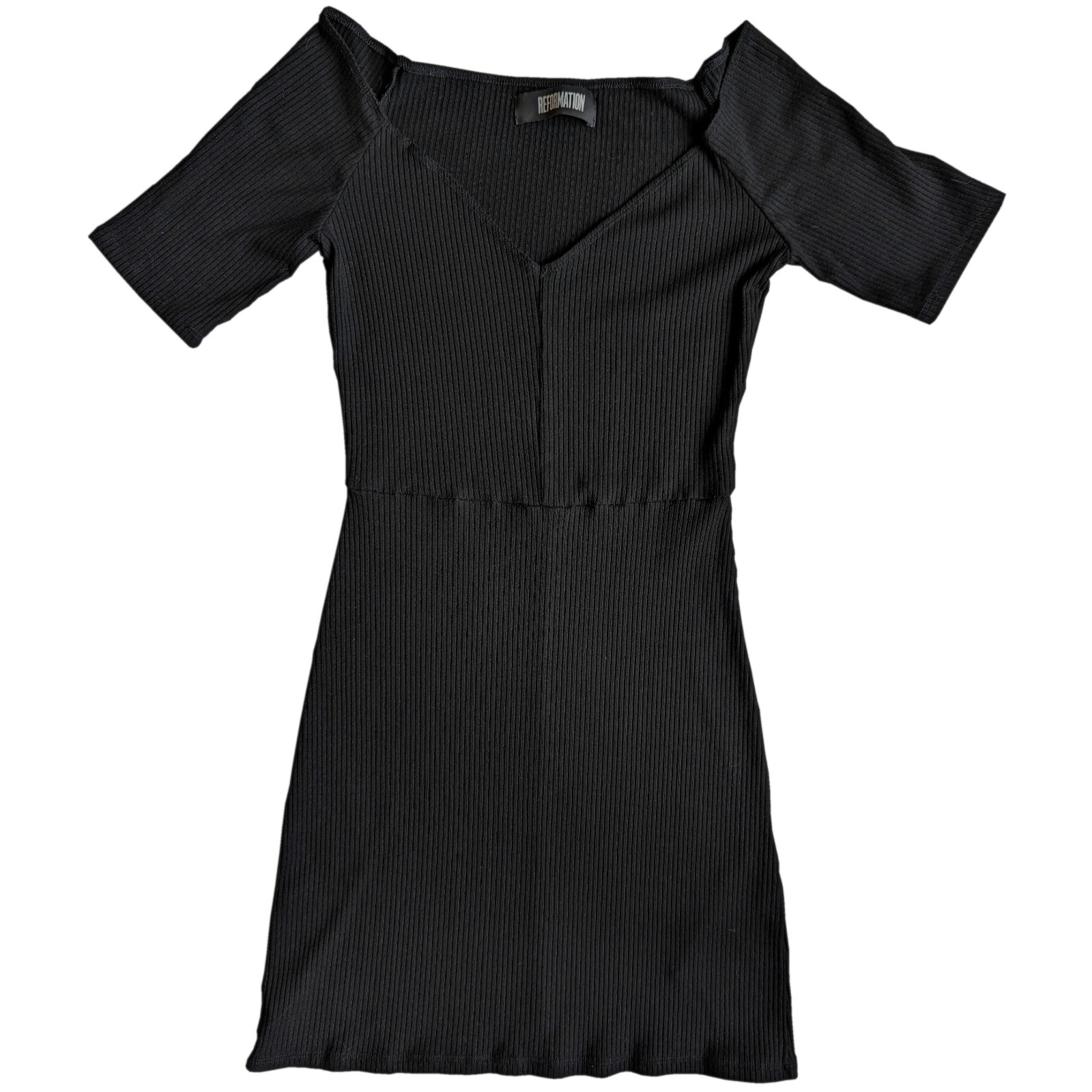 Reformation Cuba Ribbed Bodycon Mini Dress Black V Neck Short Sleeve | S