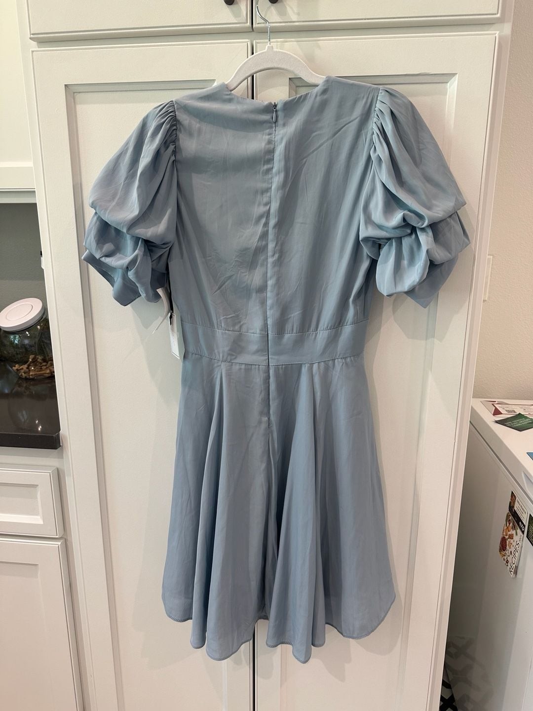 1.STATE Women’s V-Neck Tiered Bubble Puff Sleeve Mini Dress in Dusty Blue