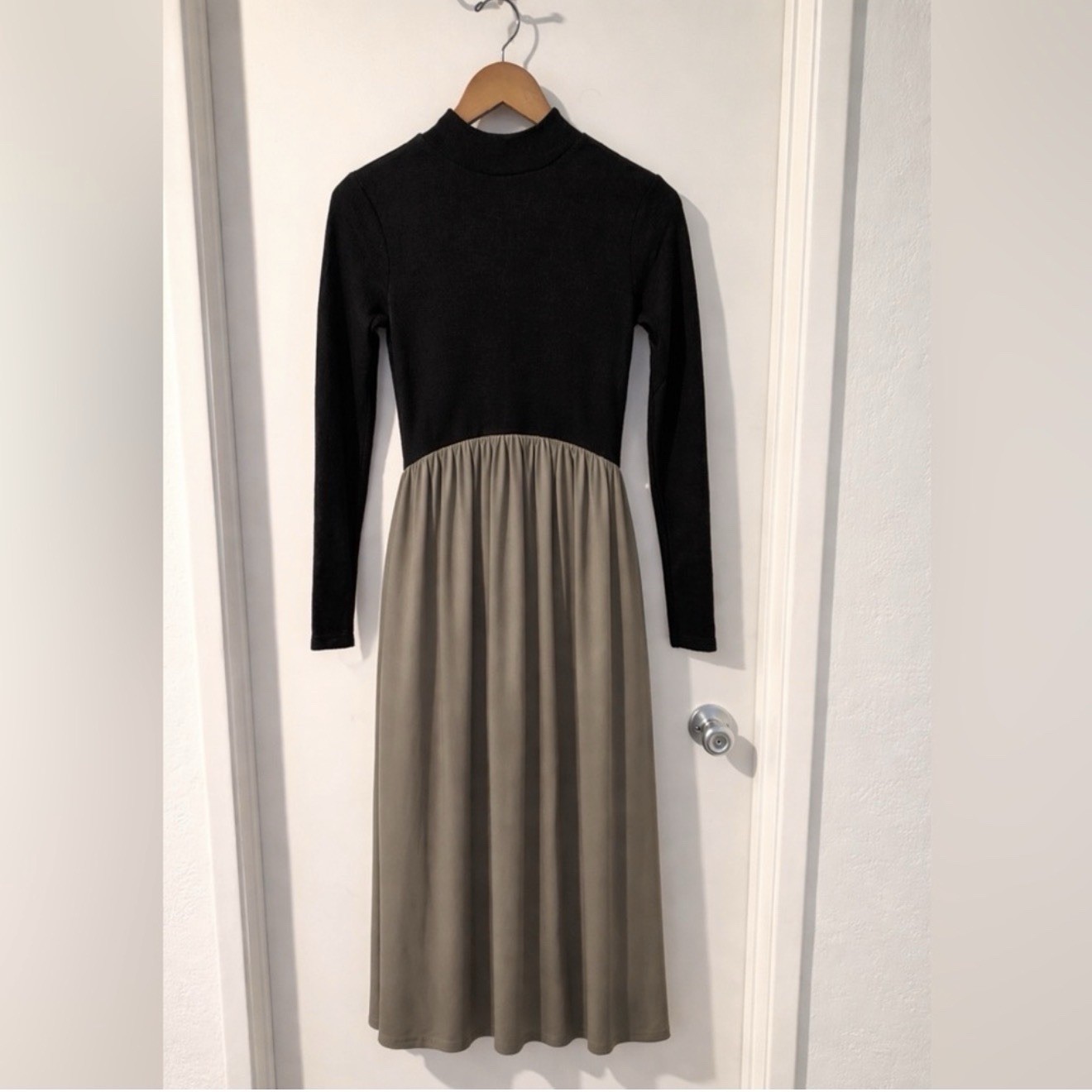 Zara Midi Dress Mock Neck Black Top Taupe Skirt Size L Minimal Capsule Wardrobe