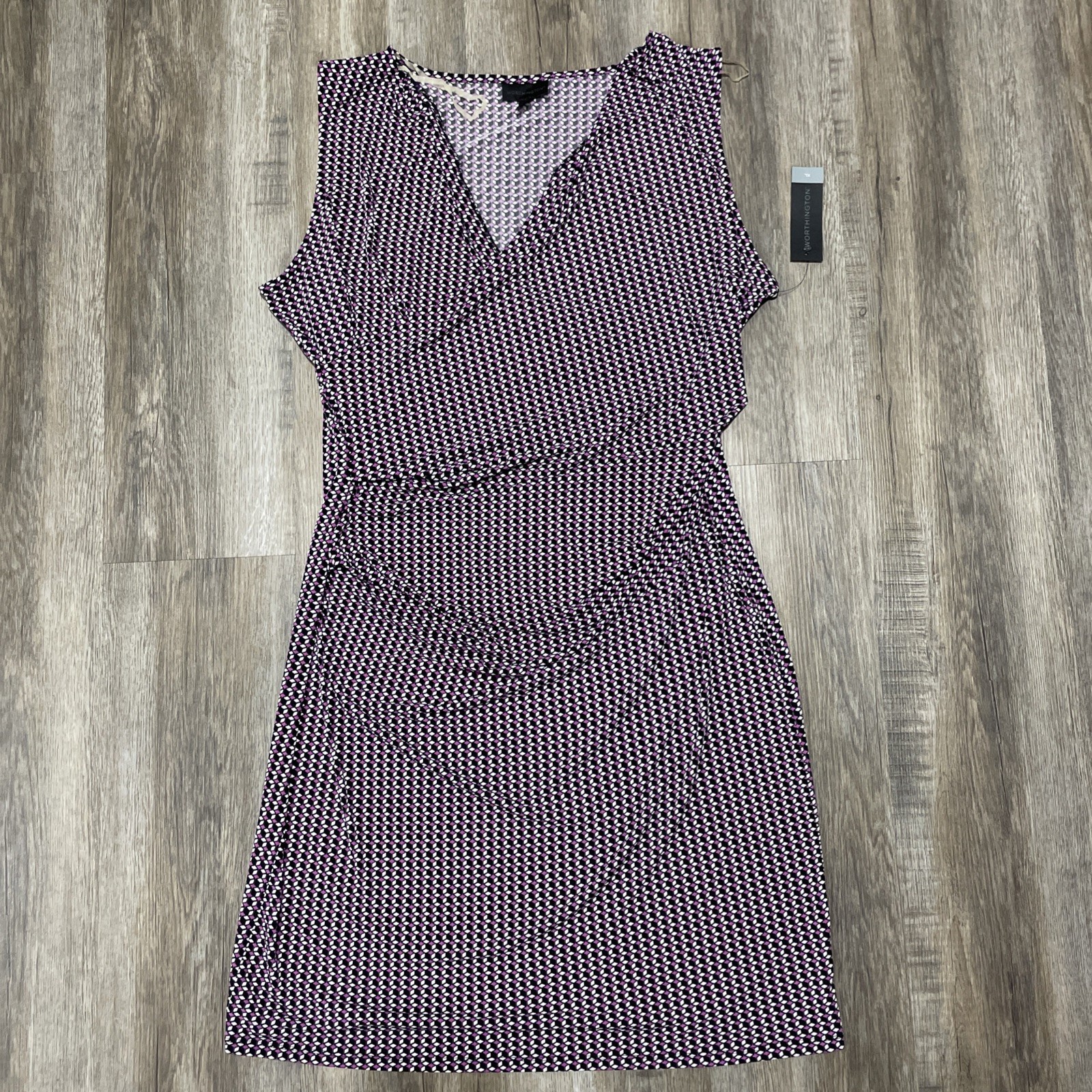 Worthington Faux Wrap Dress XL Purple Black Geometric Sleeveless Ruched Career