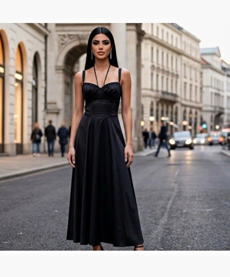 nutted Black Sweetheart A-Line Midi Dress Lace-Up Back Spaghetti Straps M