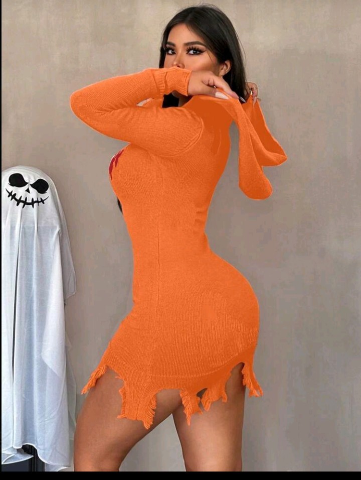 New Halloween Pumpkin Teeth Graphic Orange Sexy Hollow Out Tassel…
