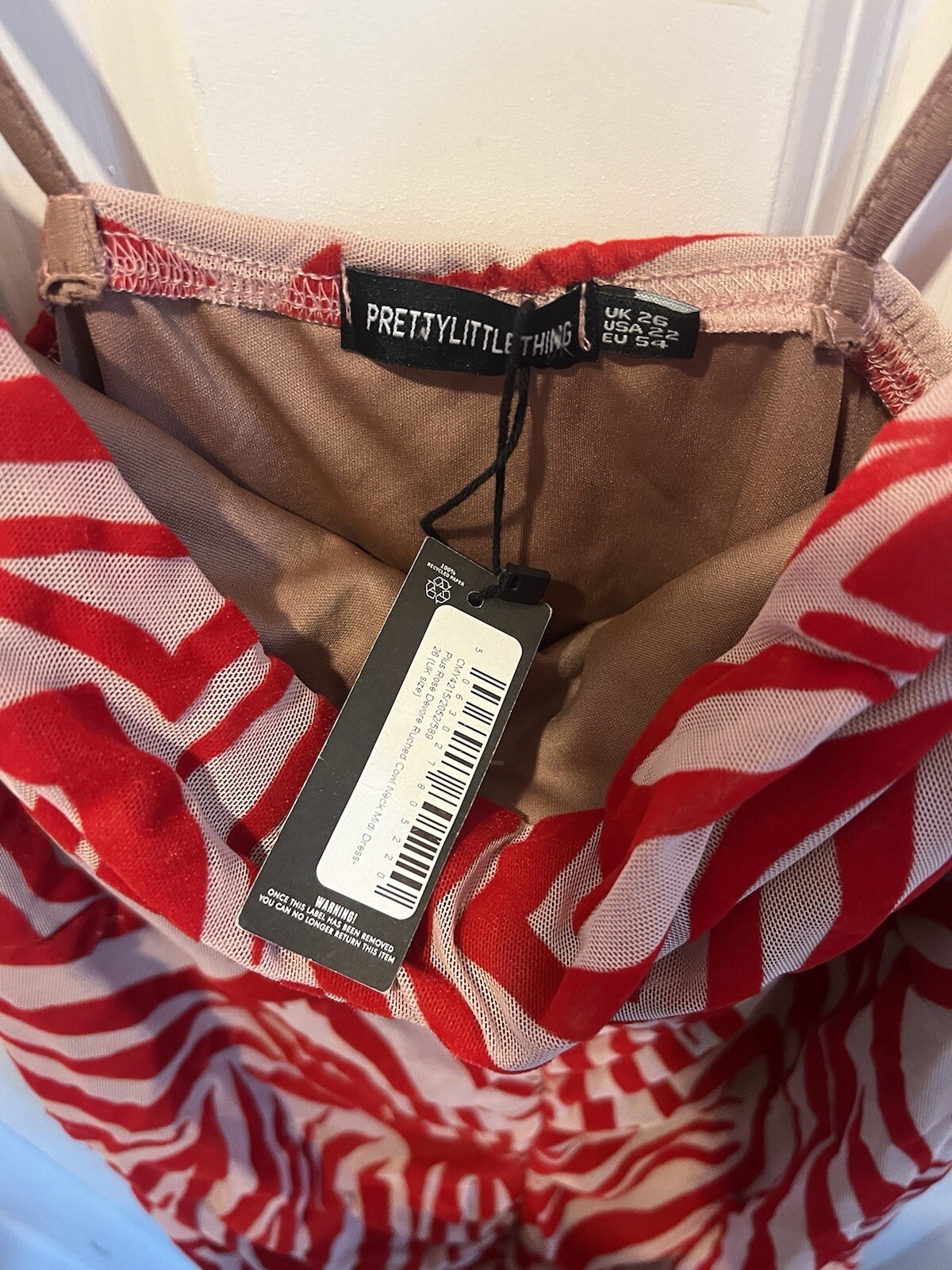 PRETTYLITTLETHING RED PINK MARBLE STRAPPY RUCHED BODYCON COWL NECK DRESS Size 26