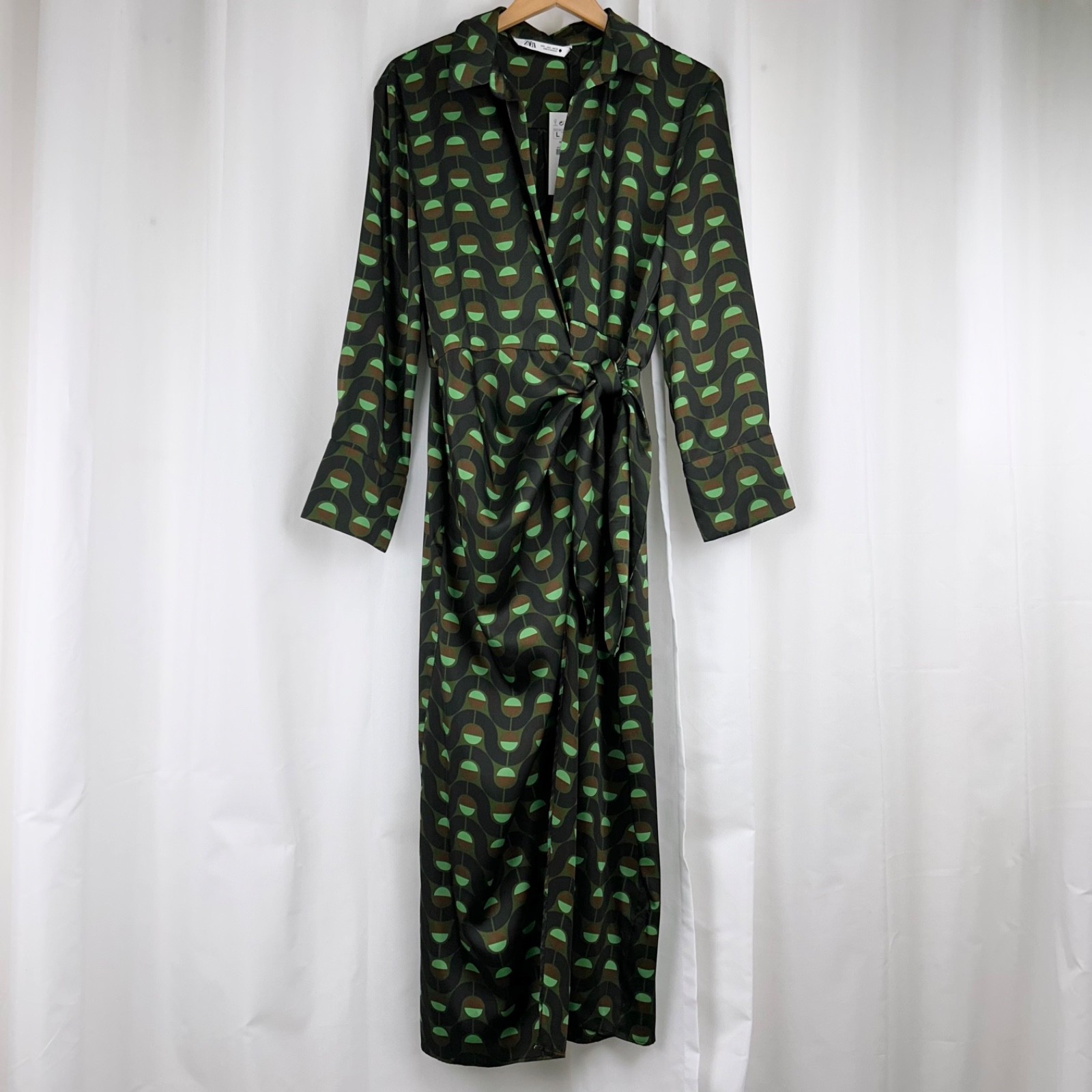 Zara Retro Mod Geometric Print Point Collar Wrap Midi Dress Green/Black/Brown L