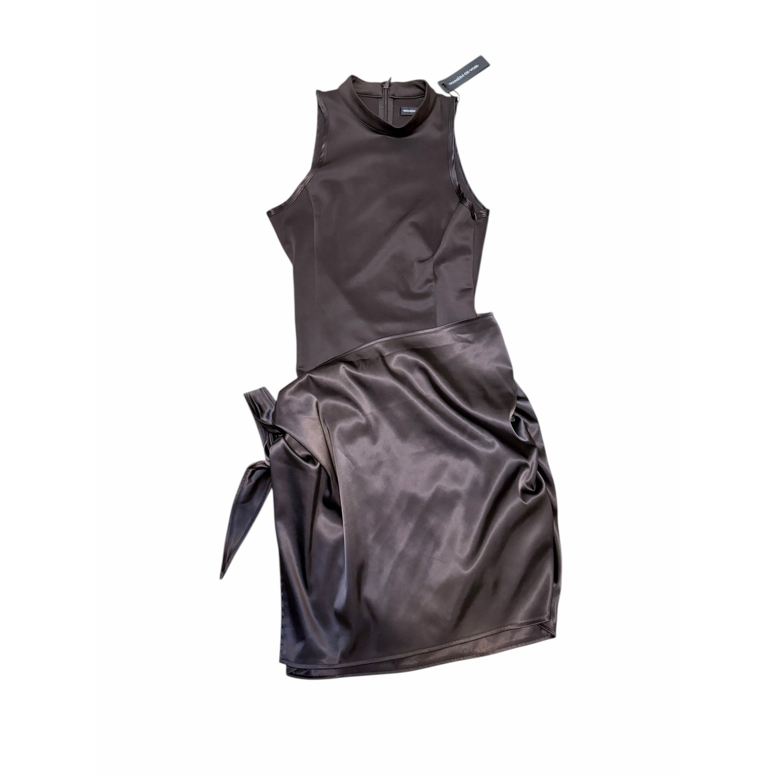 Manière De Voir Neoprene & Satin Wrap Bodycon Dress brown. Elegant modern glam