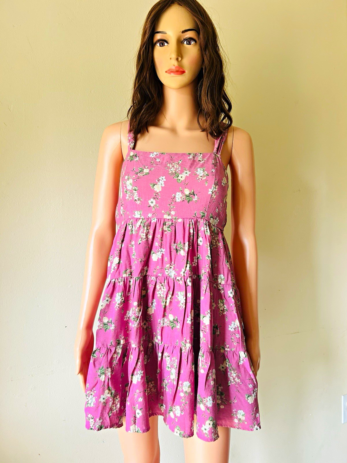 Blu Pepper Women’s Pink Floral Short Sundress Square Neck Smocked Back S