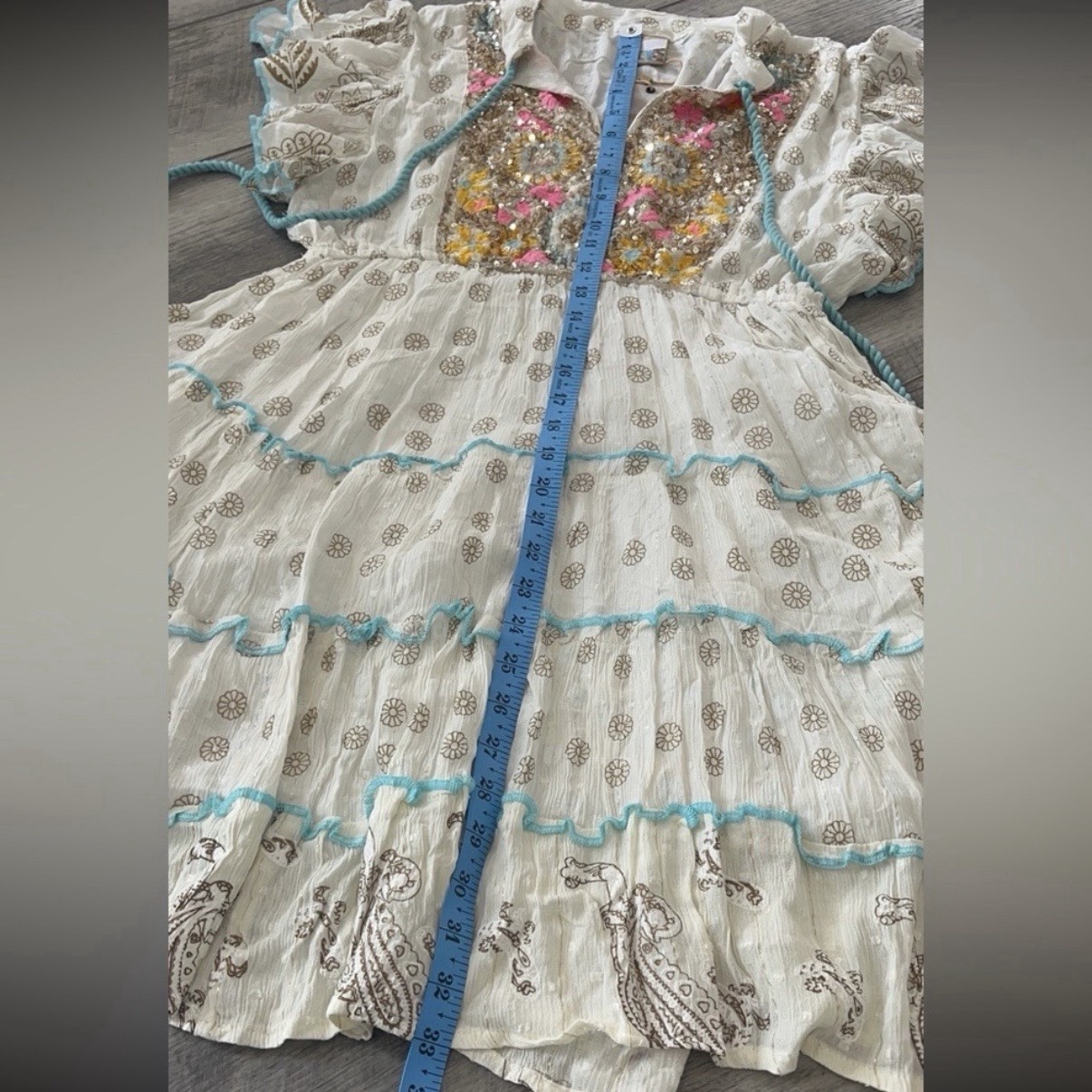Siya Women’s OS Cream Embroidered Sequin Mini Boho Peasant Dress Festival NWT