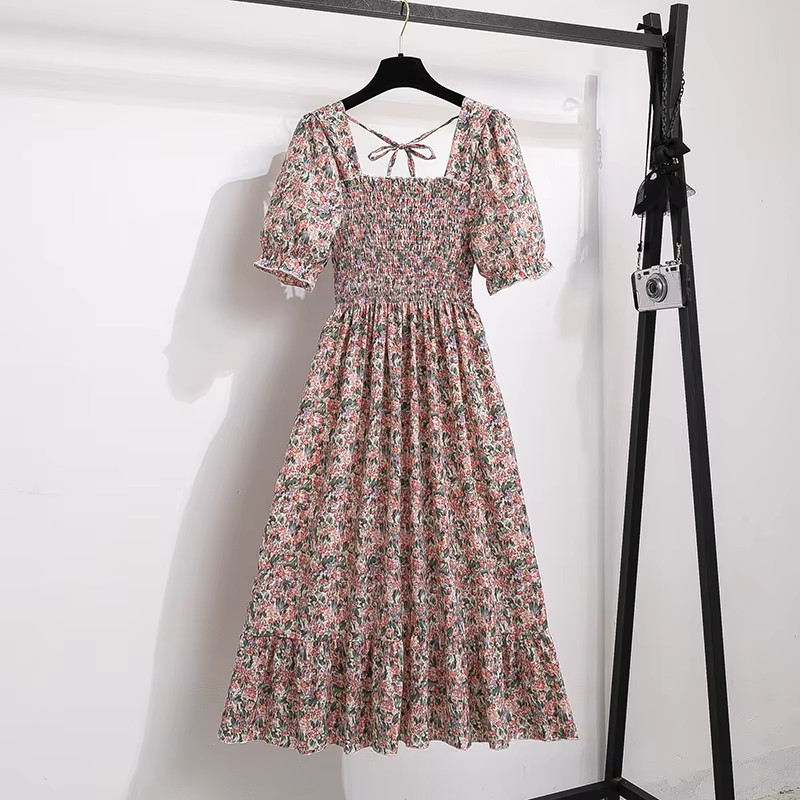 Chic Spring Summer Chiffon A-Line Dress with Elastic Waist and Short Sleeves