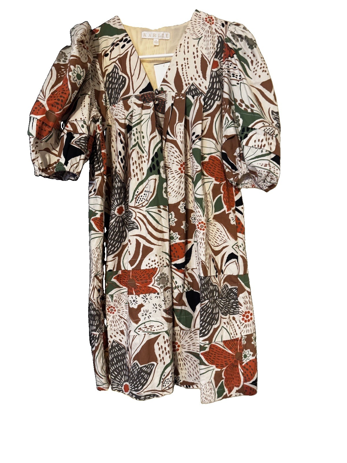 Karlie Women’s Cream Floral Puff Sleeve Dress Cotton Size Small Boho Hippie