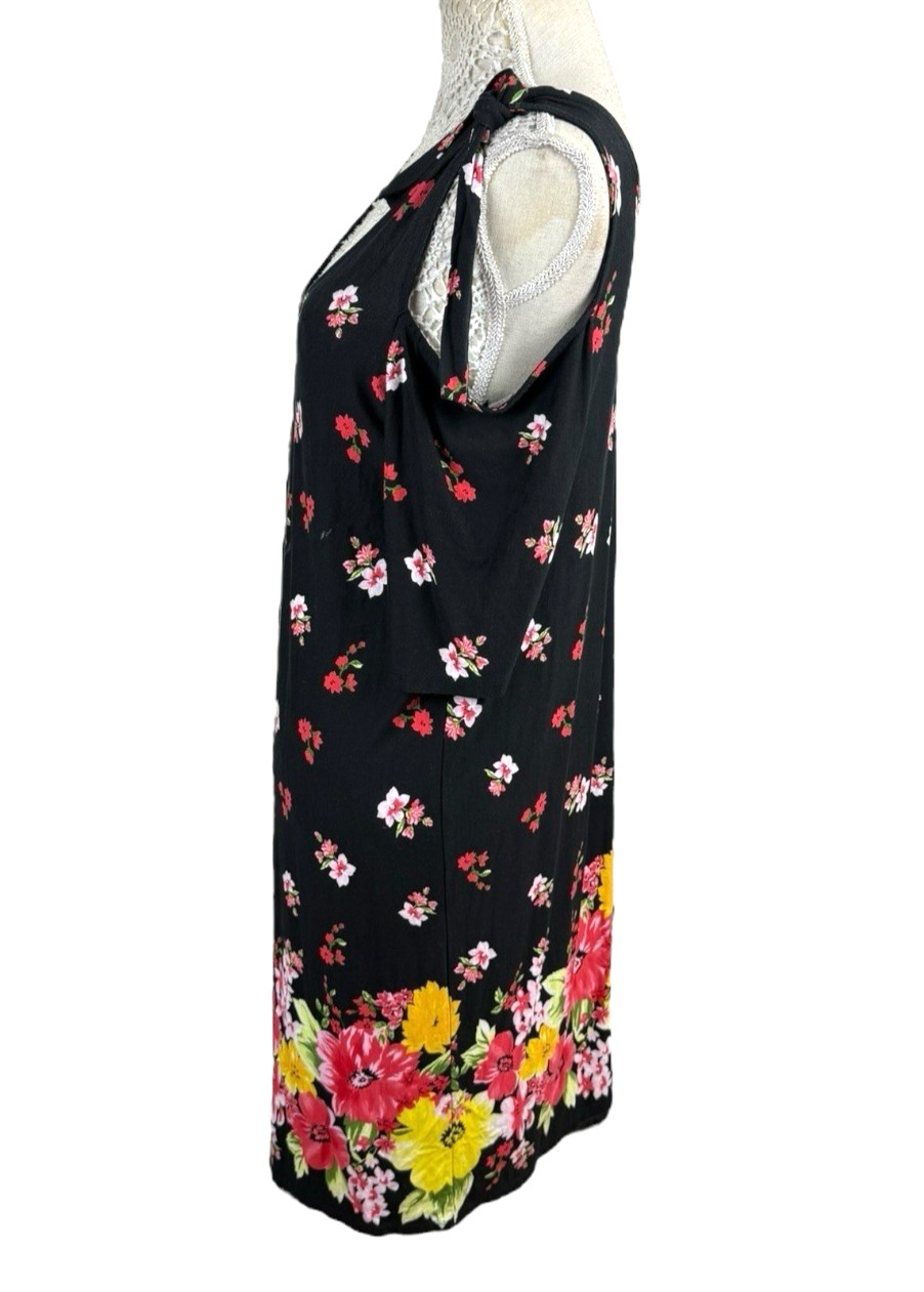 Black Floral Summer Dress Cold Shoulder Sleeve Knee Length Women’s UK Size 14