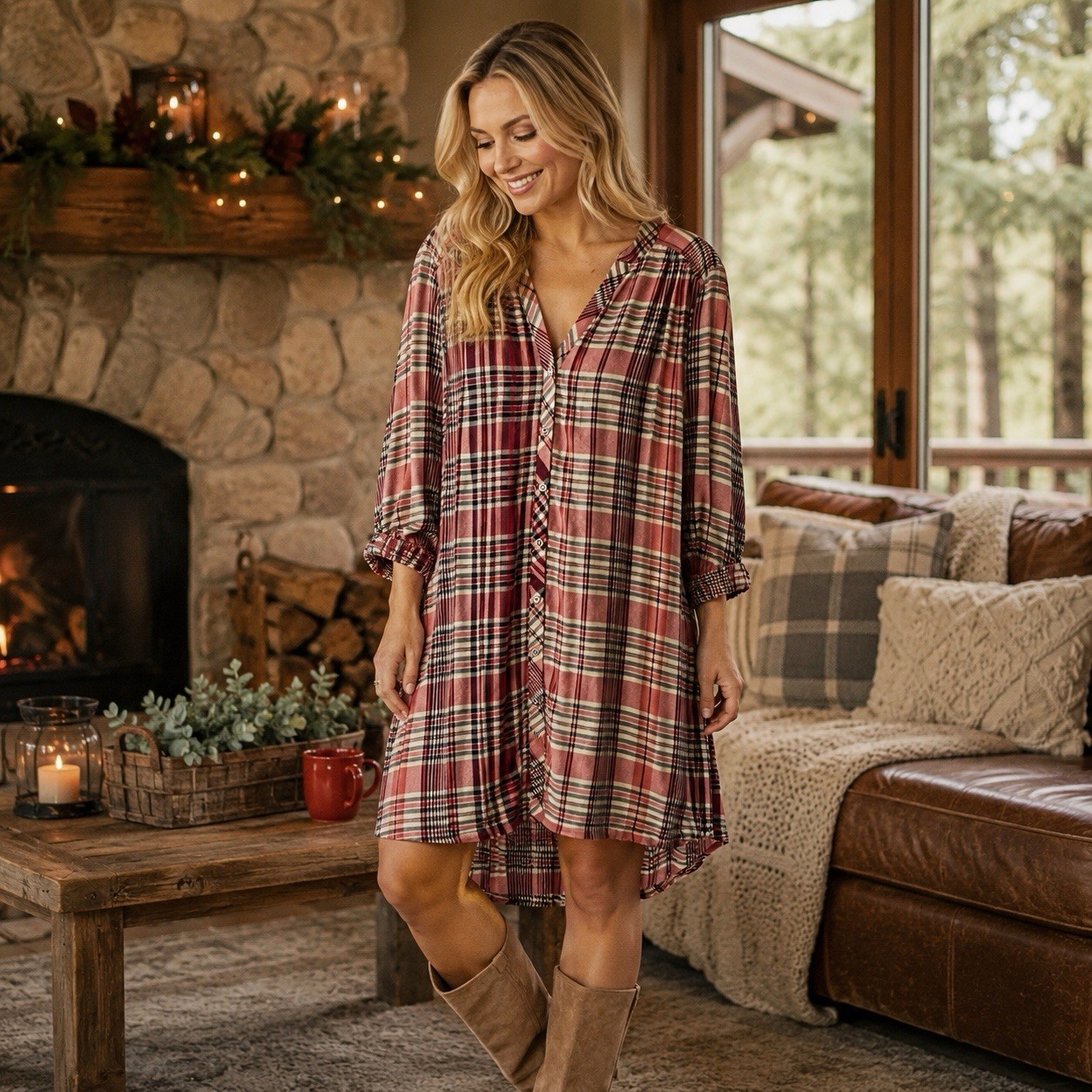 Free People Loralei Plaid Tunic Shirt Dress Boho Indie Cottagecore Cabincore M