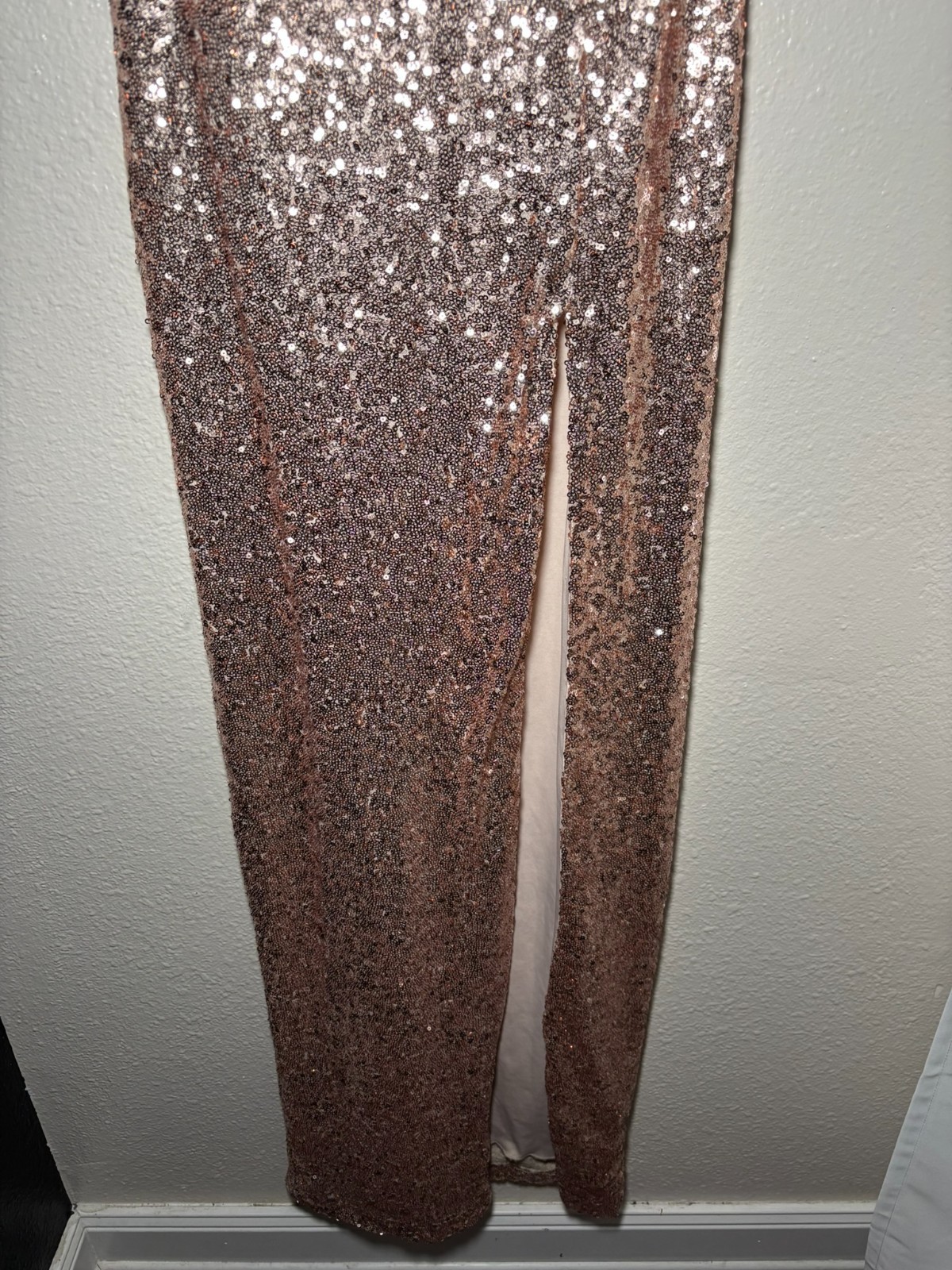 B Darlin Copper Sequin Spaghetti Strap Formal Gown Slit 5/6 Prom *Sm Flaw.