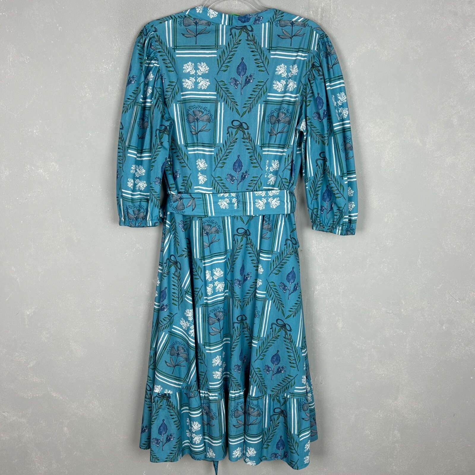 Brooke Wright size L Kitty midi wrap dress blue botanical floral linen cotton