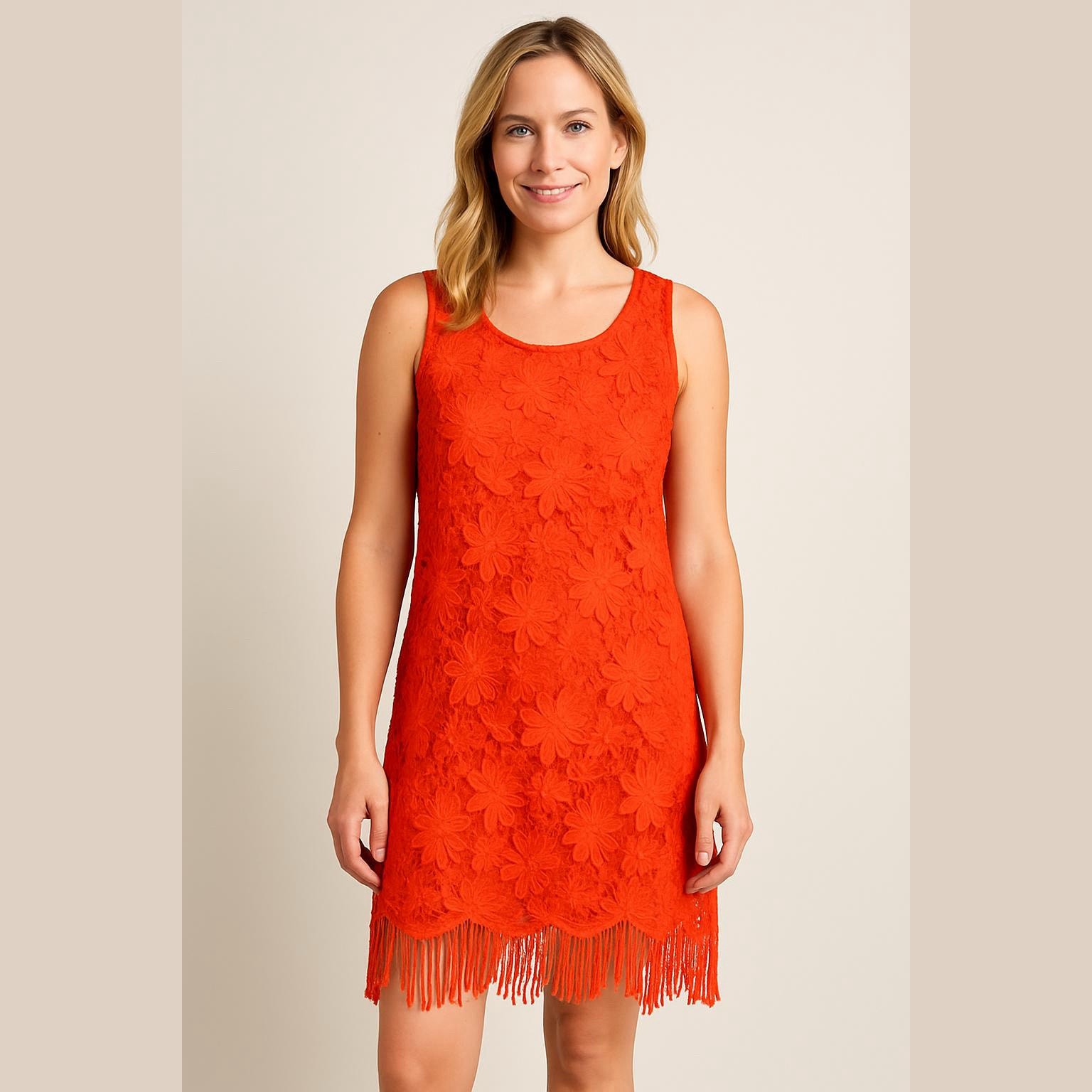 Bow Arrow Orange Crochet Fringe Dress M Boho Chic Festival Wedding Guest hippie