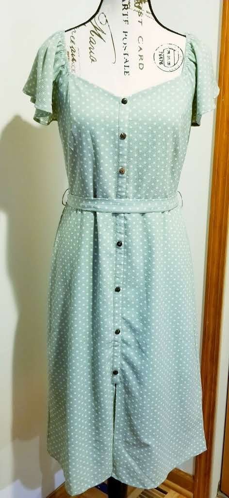 Monteau Light Green Polka Dot Midi Dress Self Tie Button Front Retro L Cottage