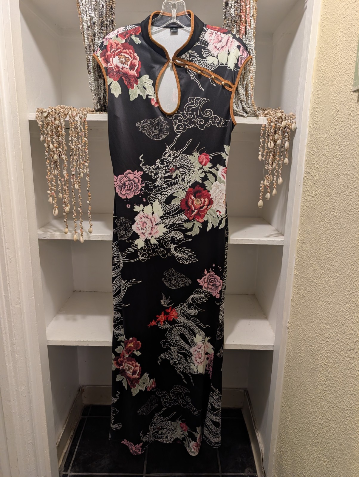Whimsigoth Witchy Dragon Cheong-sam Black Floral Long Keyhole Neck Dress Size M