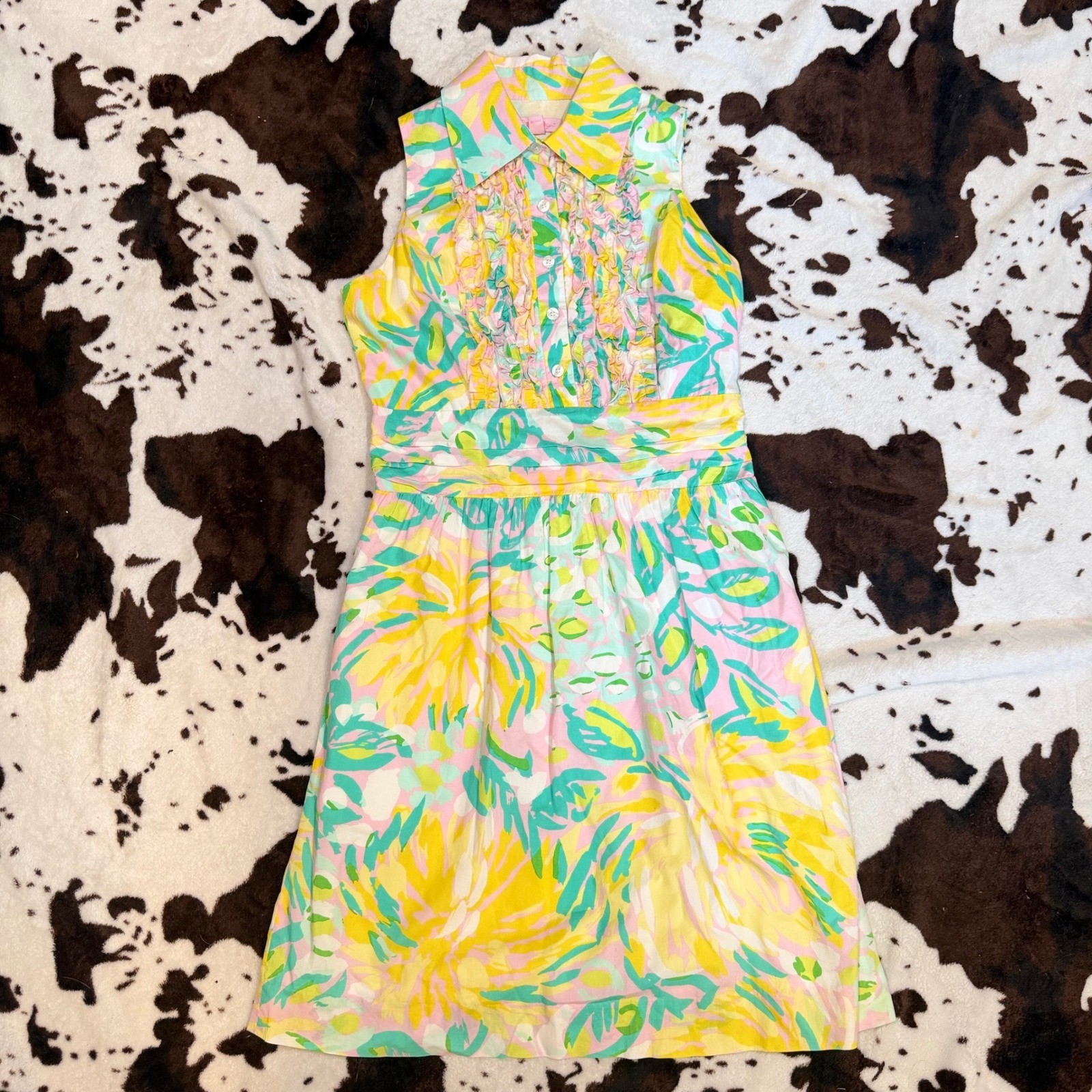 Lilly Pulitzer Essie Dress Womens 2 Yellow Floral Excellent Ruffle Sleeveless