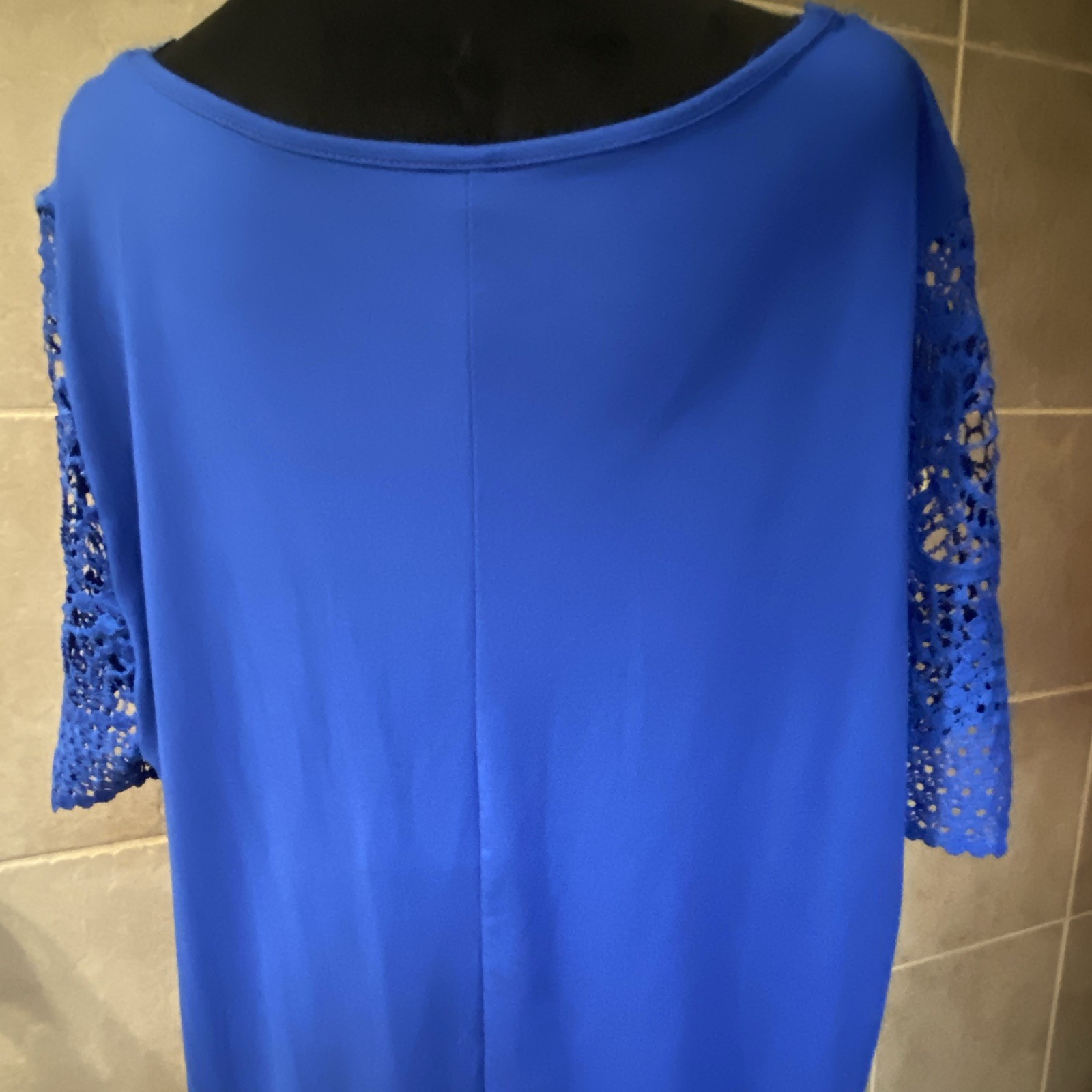 Blue Solid Lace V-Neck Top Lace Sleeve Pullover Plus 3XL