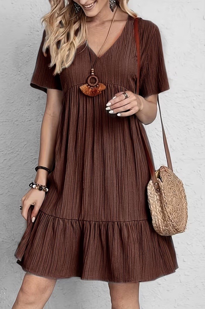 XL US Size 12 Above The Knee Dress Short Sleeve V-Neck Coffee New Free Ship