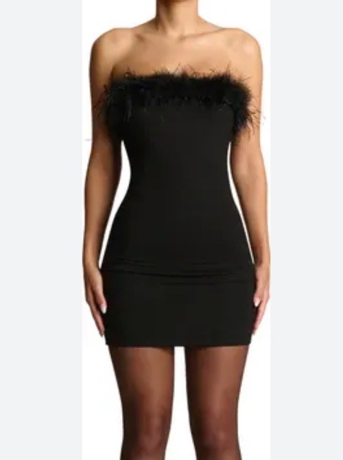 Naked Wardrobe Fine Feather Trim Strapless Minidress Medium