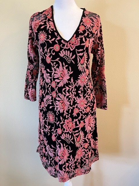 Adrianna Papell Pink Black Embroidered Lace Overlay Sheath Dress Romantic Y2K 4