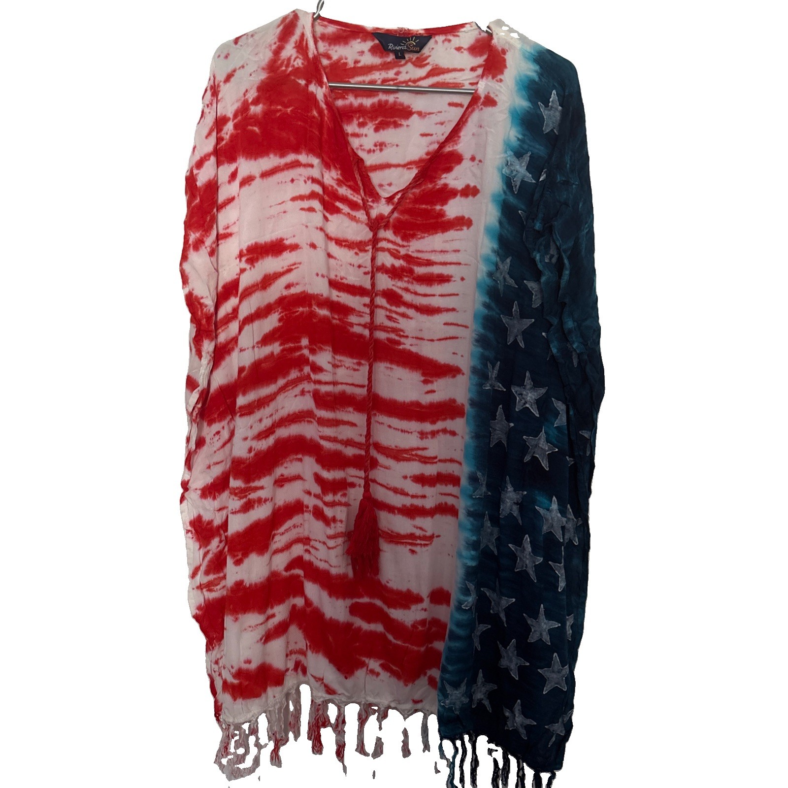 Riviera Sun Dress Womens Large Red White Blue Kaftan Boho Hippie Beach Cover Up