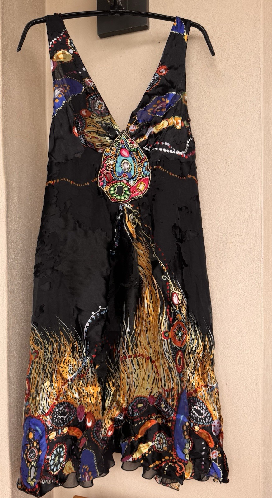 Gizia Designer Dress Silk Blend Black Embroidered Boho Flowy Lined EU 38;US 6(M)