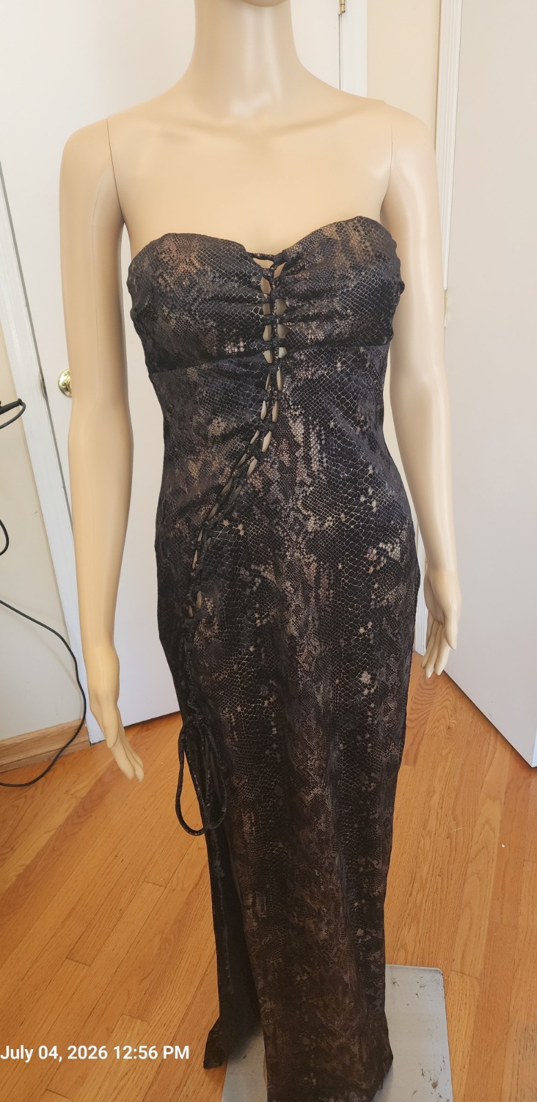 Windsor Strapless Faux-Snakeskin Maxi Dress in Brown And Gold