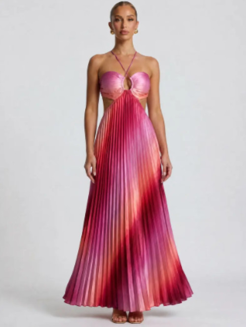Halter Cutout Ombre Pleated Maxi Satin Dress – Vacation Gown Like My Choice 2026