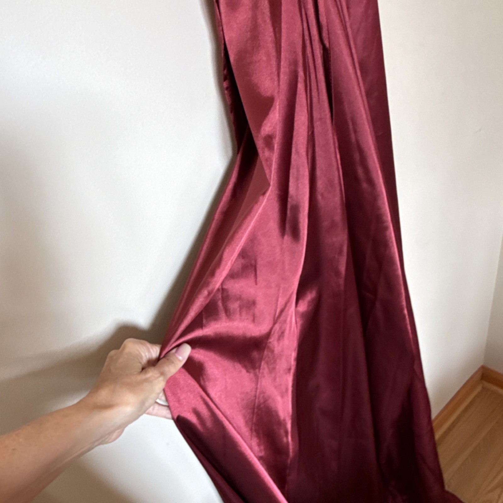 Burgundy Satin Strappy Lace Up Side Slit Lined Long Gown Dress M