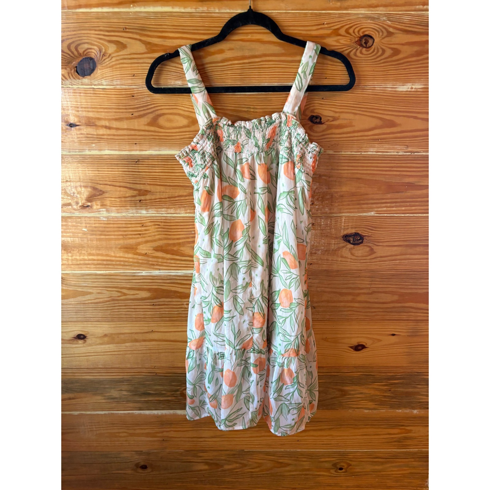 Sadie & Sage Lemon Garden Print Smocked Mini Dress Orange Green Womens Small