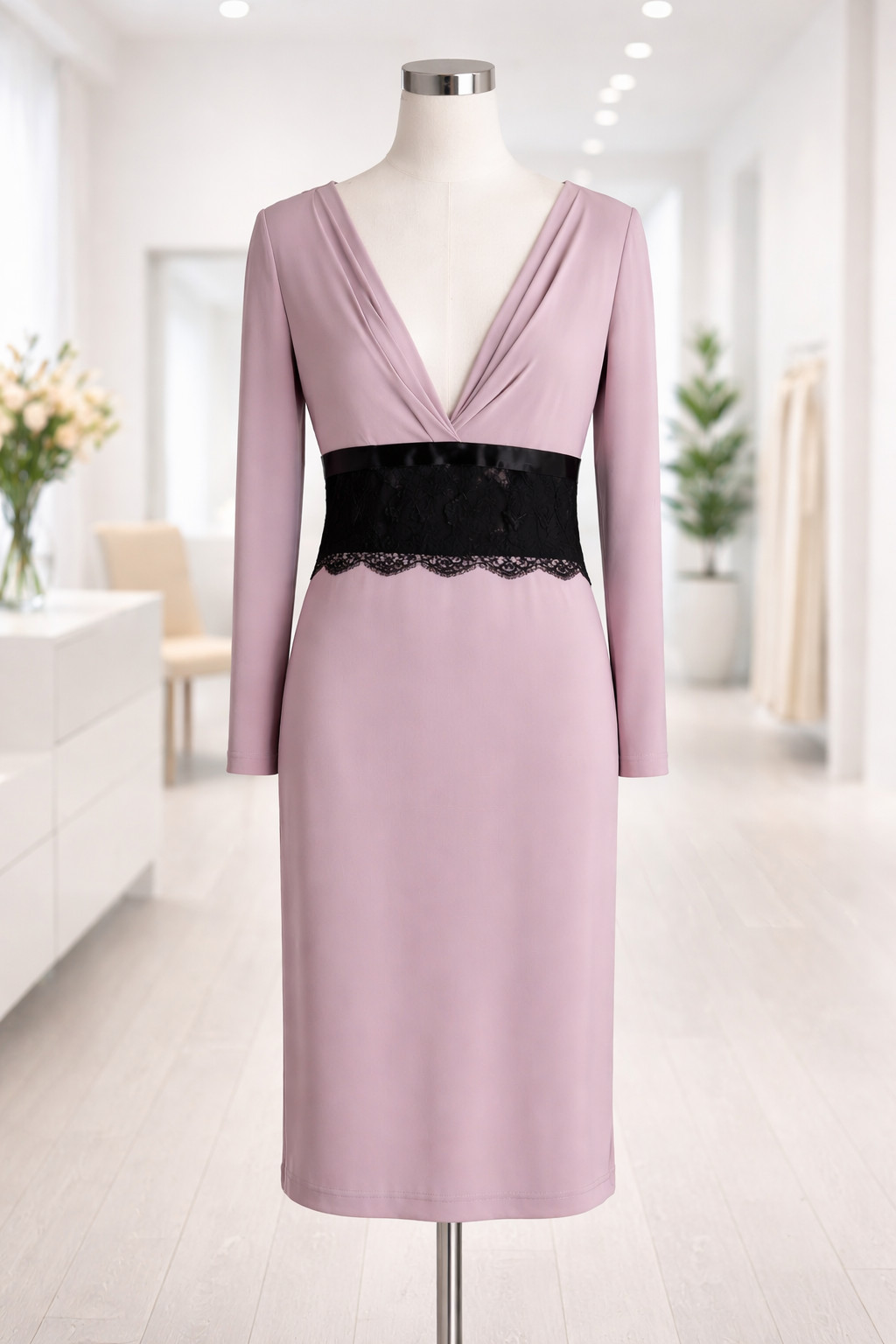 RED Valentino Mauve Pink Long Sleeve Dress Black Lace Empire Waist V-Neck Size L