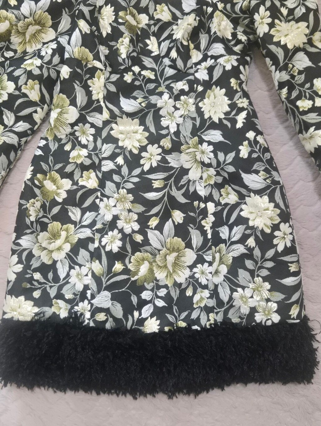 Miss Selfridge Green & Black Floral Jacquard Black Faux-Fur Fringe Dress, Size 4