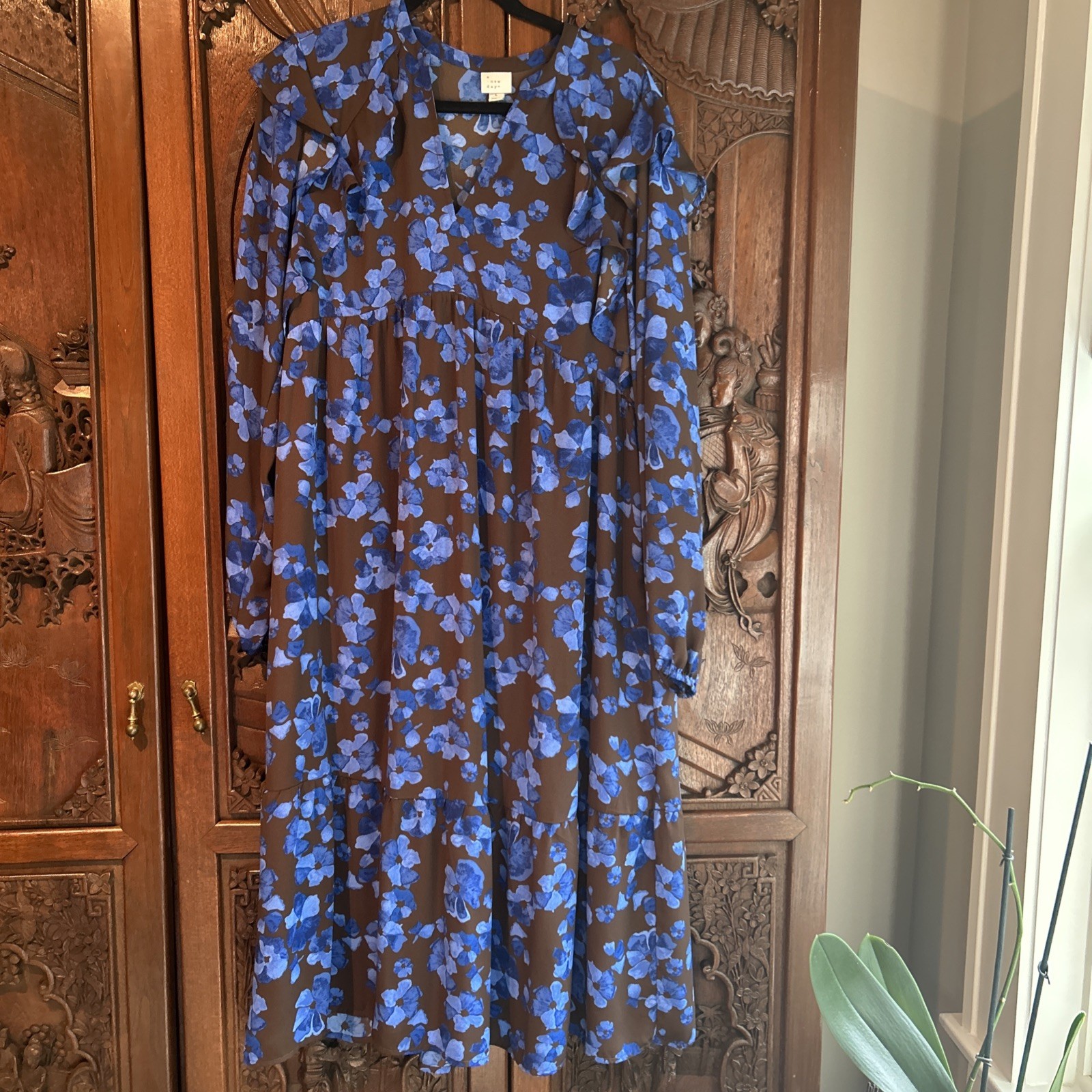 A New Day Womens Midi Dress Sz Medium Blue Brown Floral Long Sleeve Ruffle