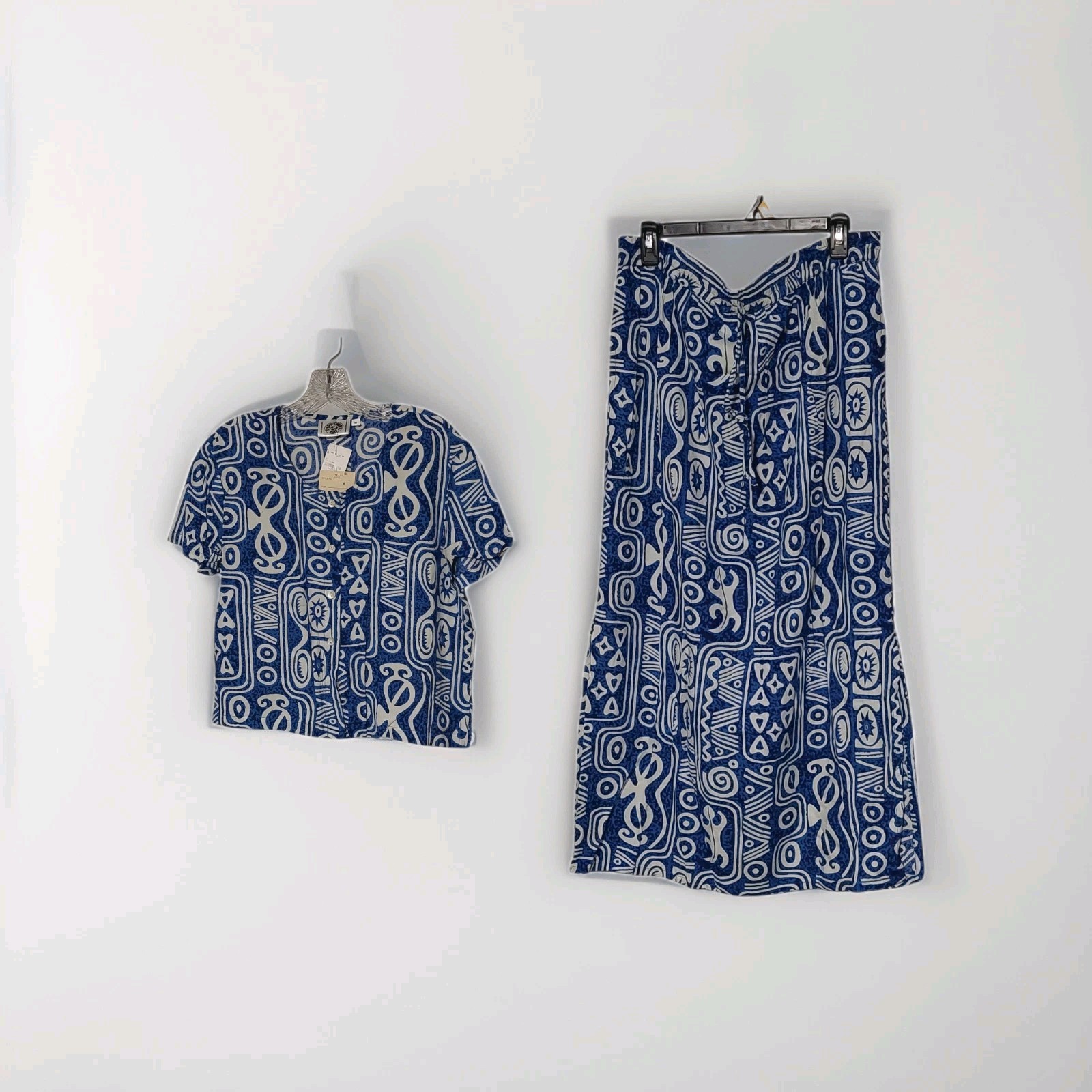 Vintage Vacation 90s MAXI Skirt TOP Peppermint Bay Blue White Geometric M
